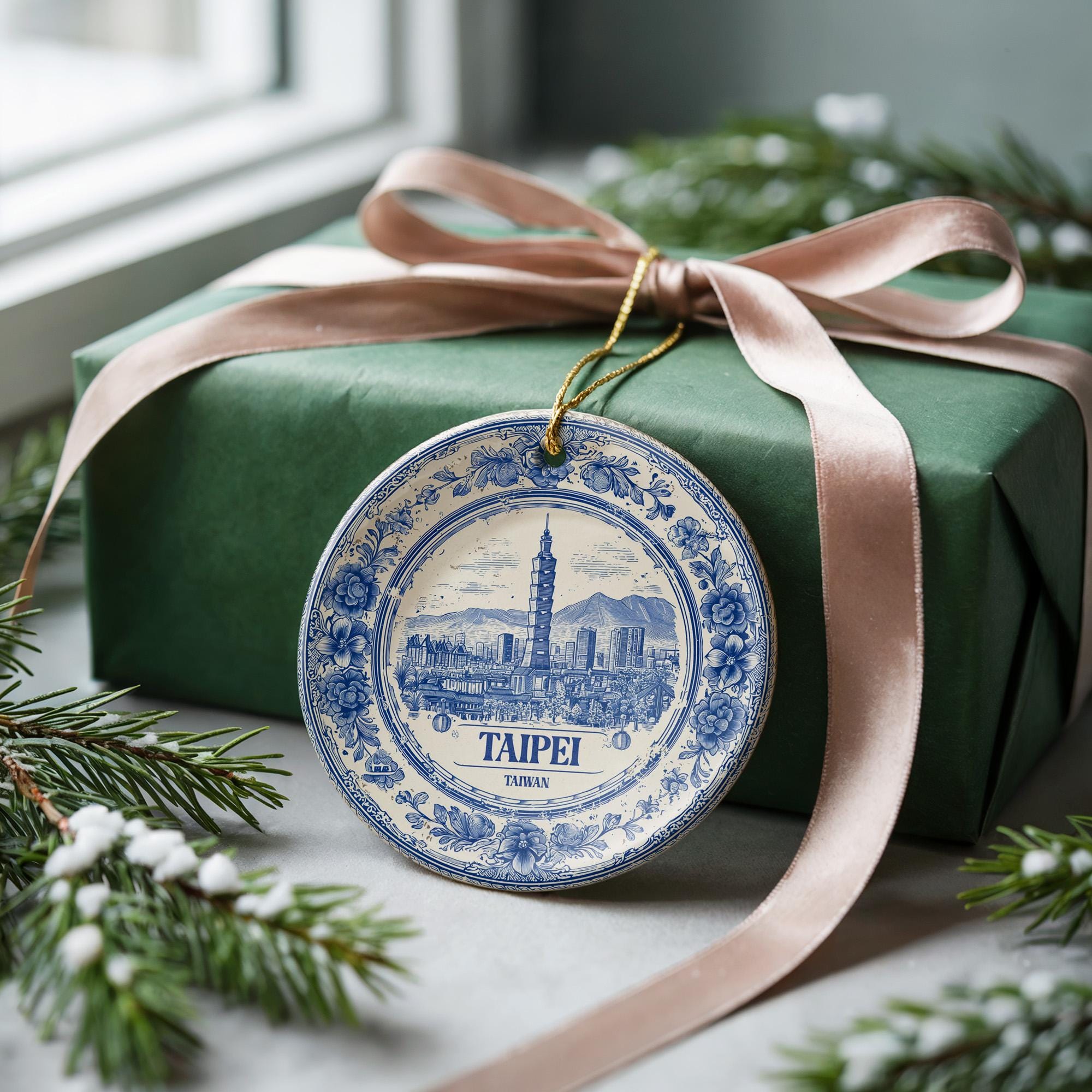 Custom Taipei Taiwan Ceramic Delft Ornament, Christmas Delftware Blue Delftware city travel