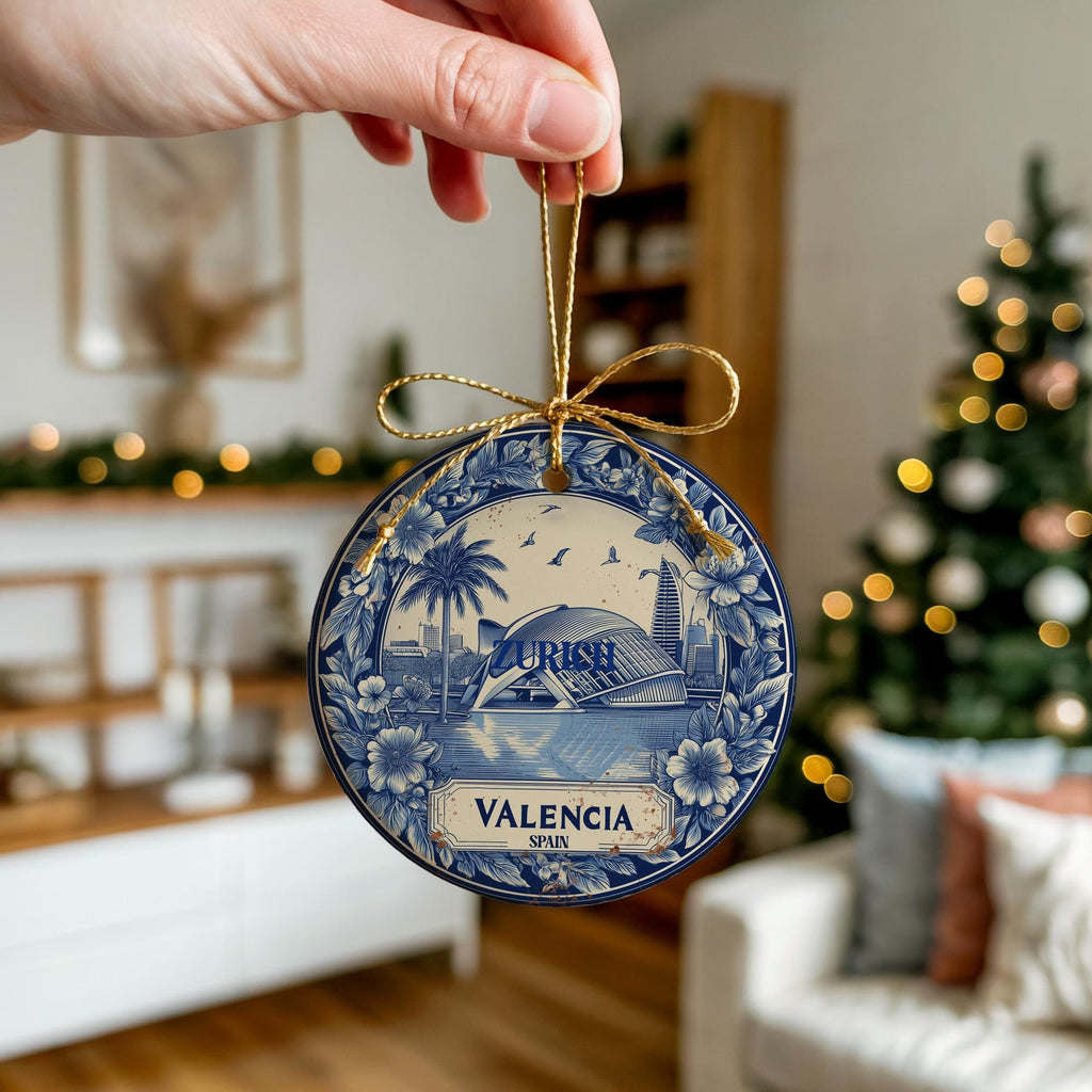 Custom Valencia Spain Ceramic Delft Ornament, Christmas Delftware Blue Delftware city travel