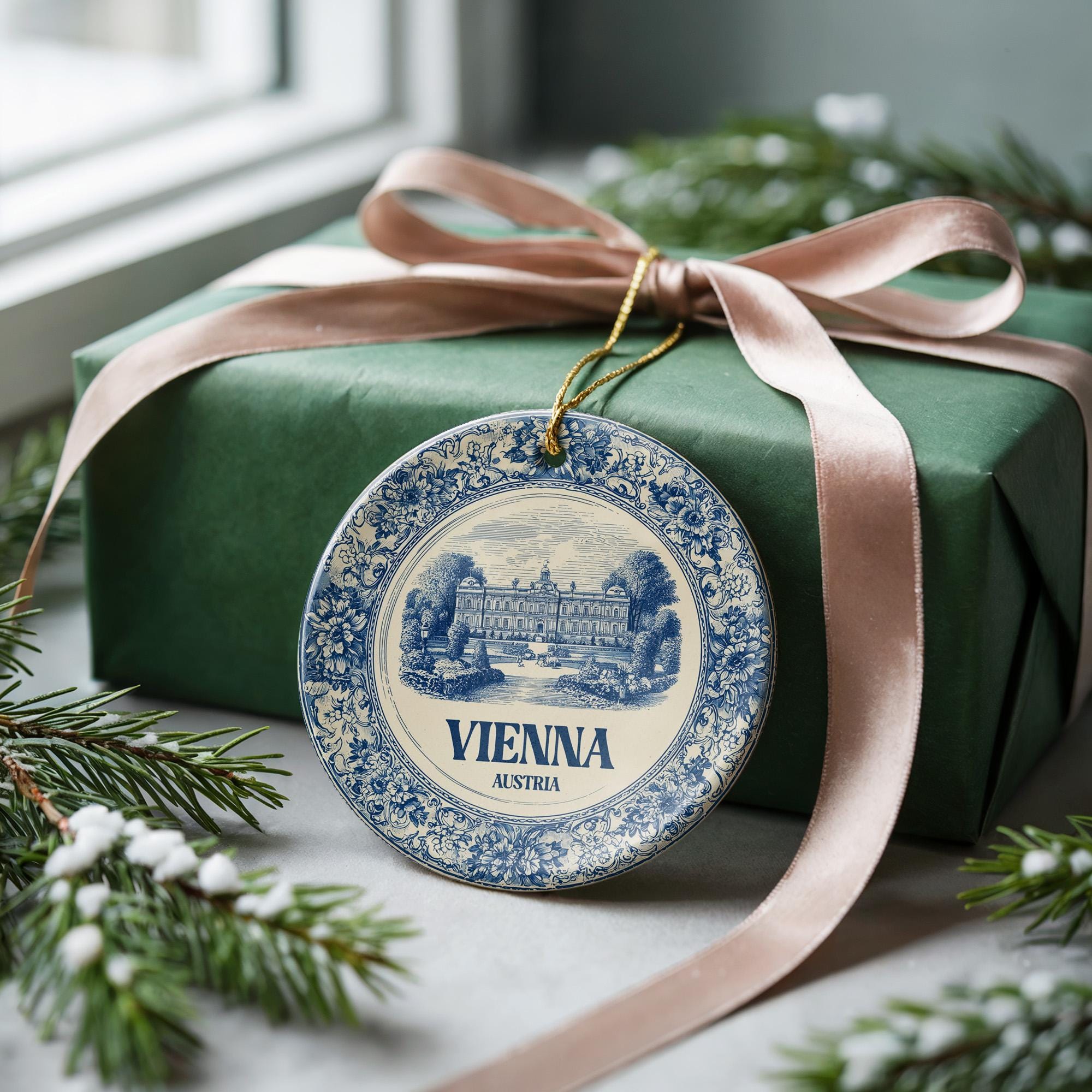 Custom Vienna Austria Ceramic Delft Ornament, Christmas Delftware Blue Delftware city travel