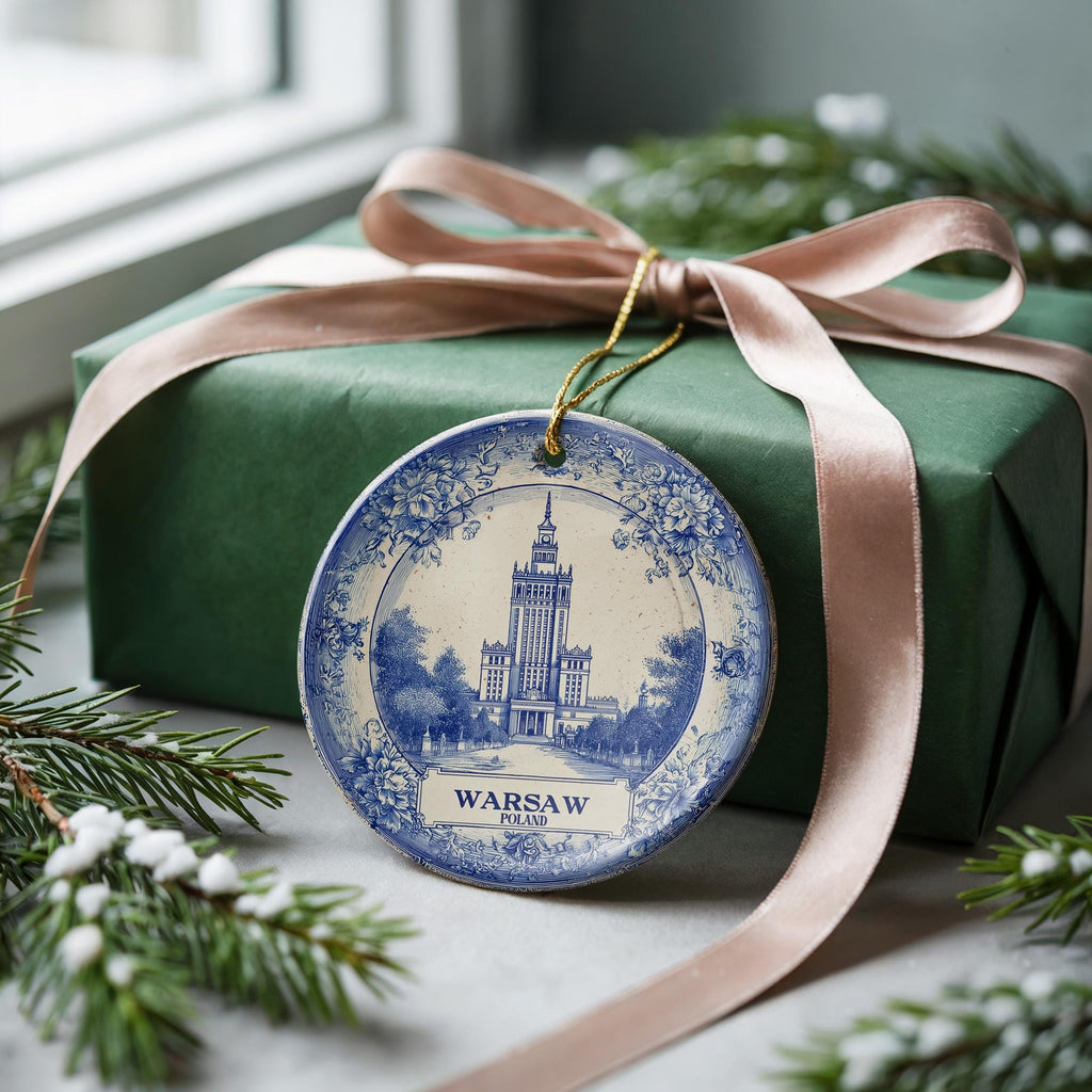 Custom Warsaw Poland Ceramic Delft Ornament, Christmas Delftware Blue Delftware city travel