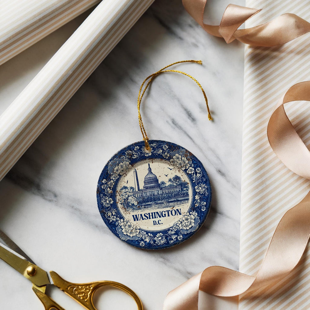 Custom Washington DC Ceramic Delft Ornament, Christmas Delftware Blue Delftware city travel