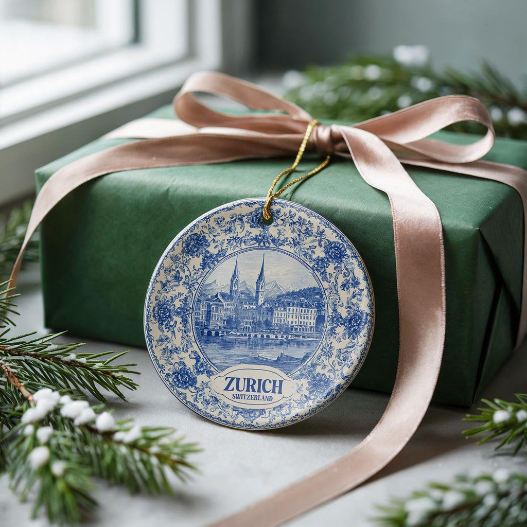 Custom Zurich Switzerland Ceramic Delft Ornament, Christmas Delftware Blue Delftware city travel