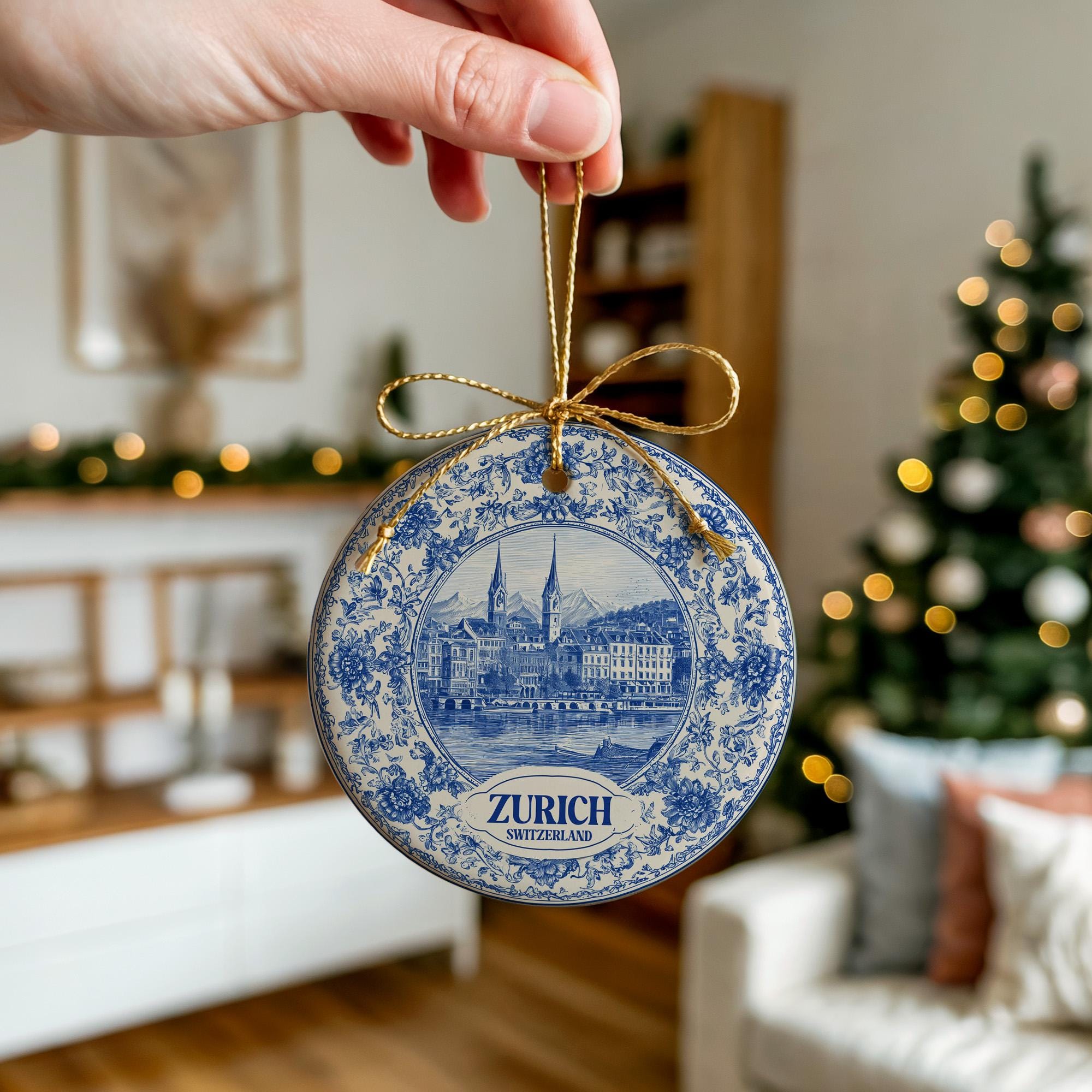 Custom Zurich Switzerland Ceramic Delft Ornament, Christmas Delftware Blue Delftware city travel