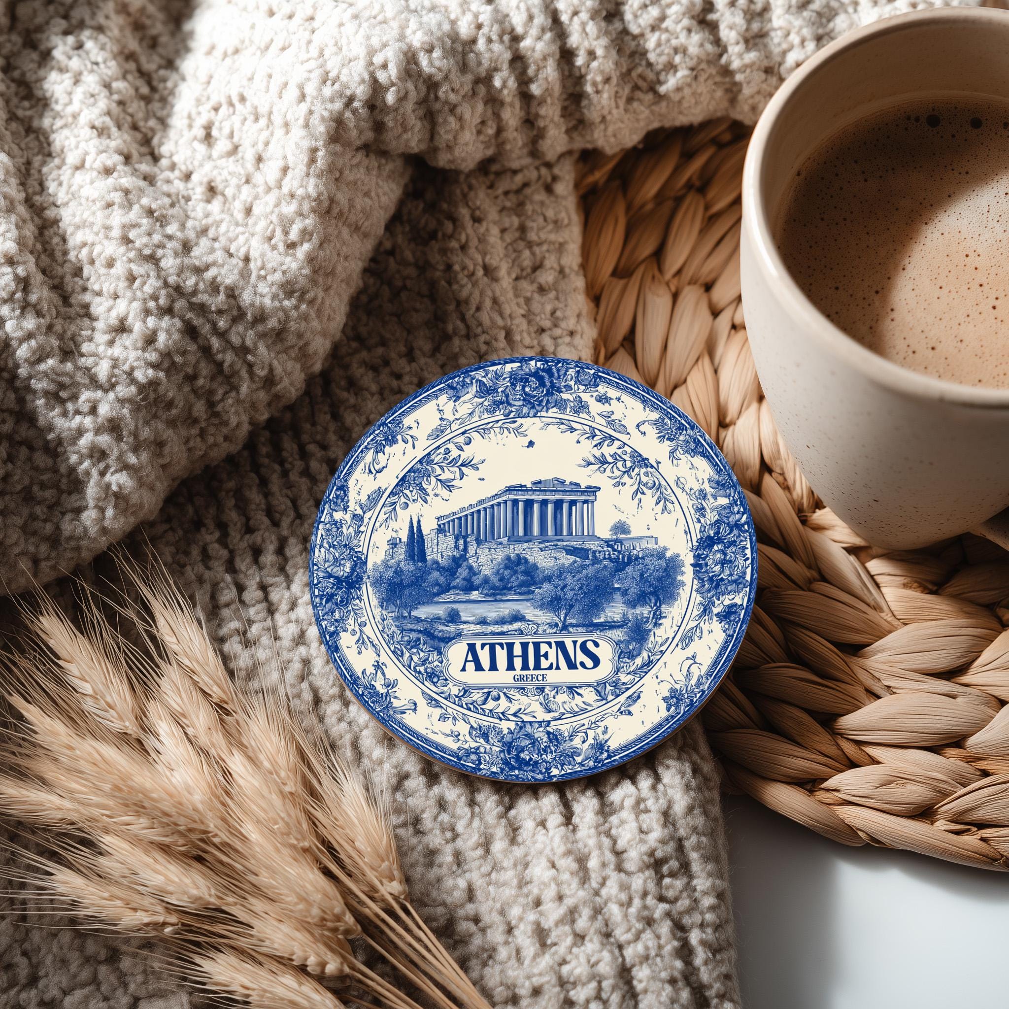 Athens Greece Delftware Ceramic Coaster, Blue White Travel Gift, Vintage Home Decor Collectible