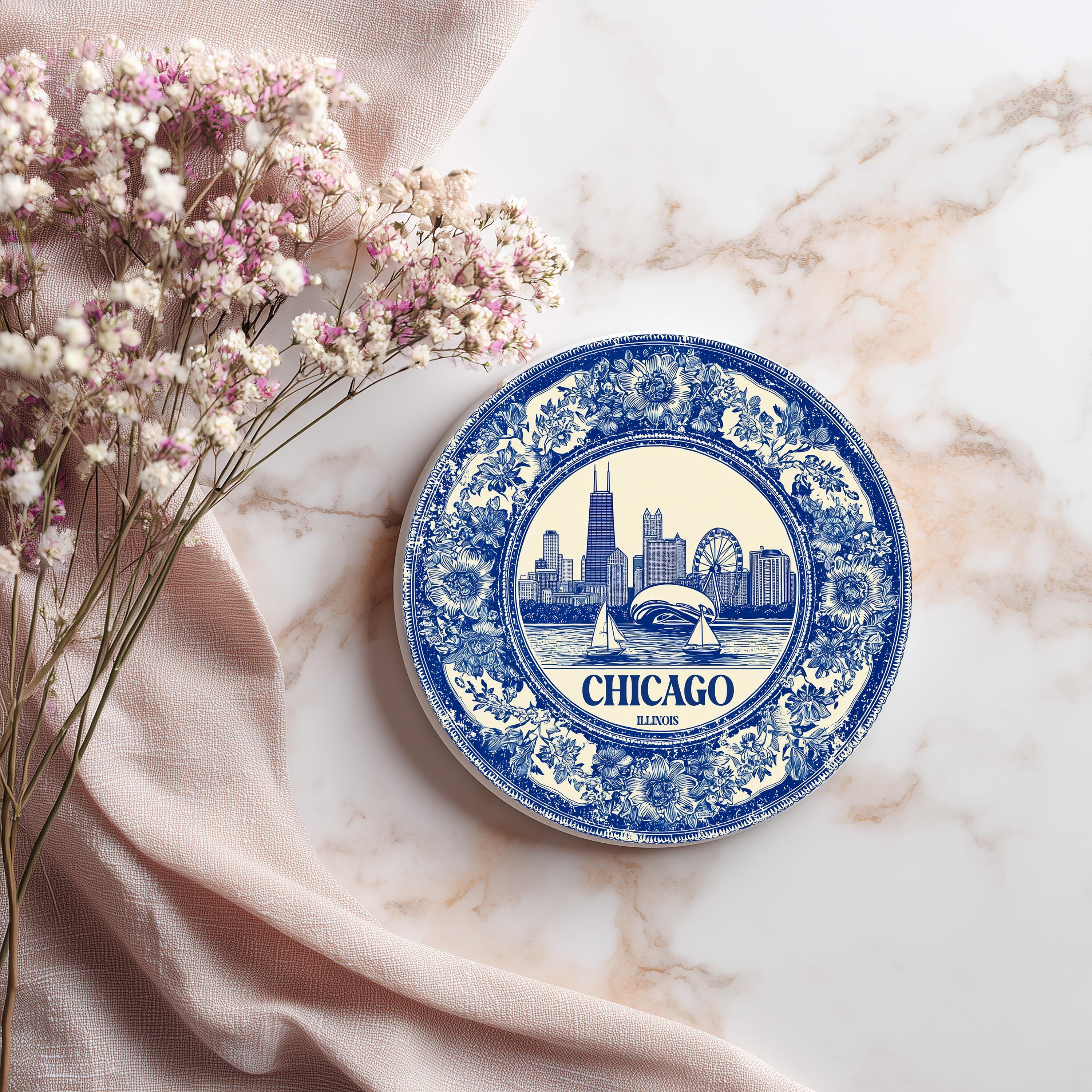 Chicago Illinois US Delftware Ceramic Coaster, Blue White Travel Gift, Vintage Home Decor Collectible