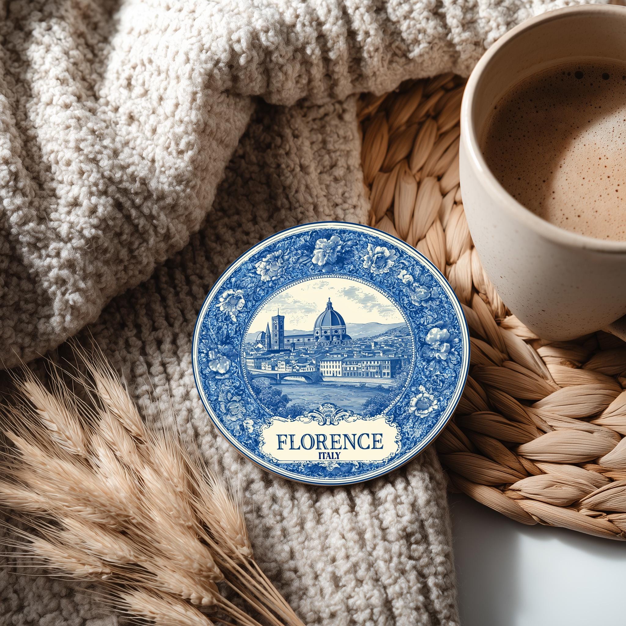 Florence Italy Delftware Ceramic Coaster, Blue White Travel Gift, Vintage Home Decor Collectible