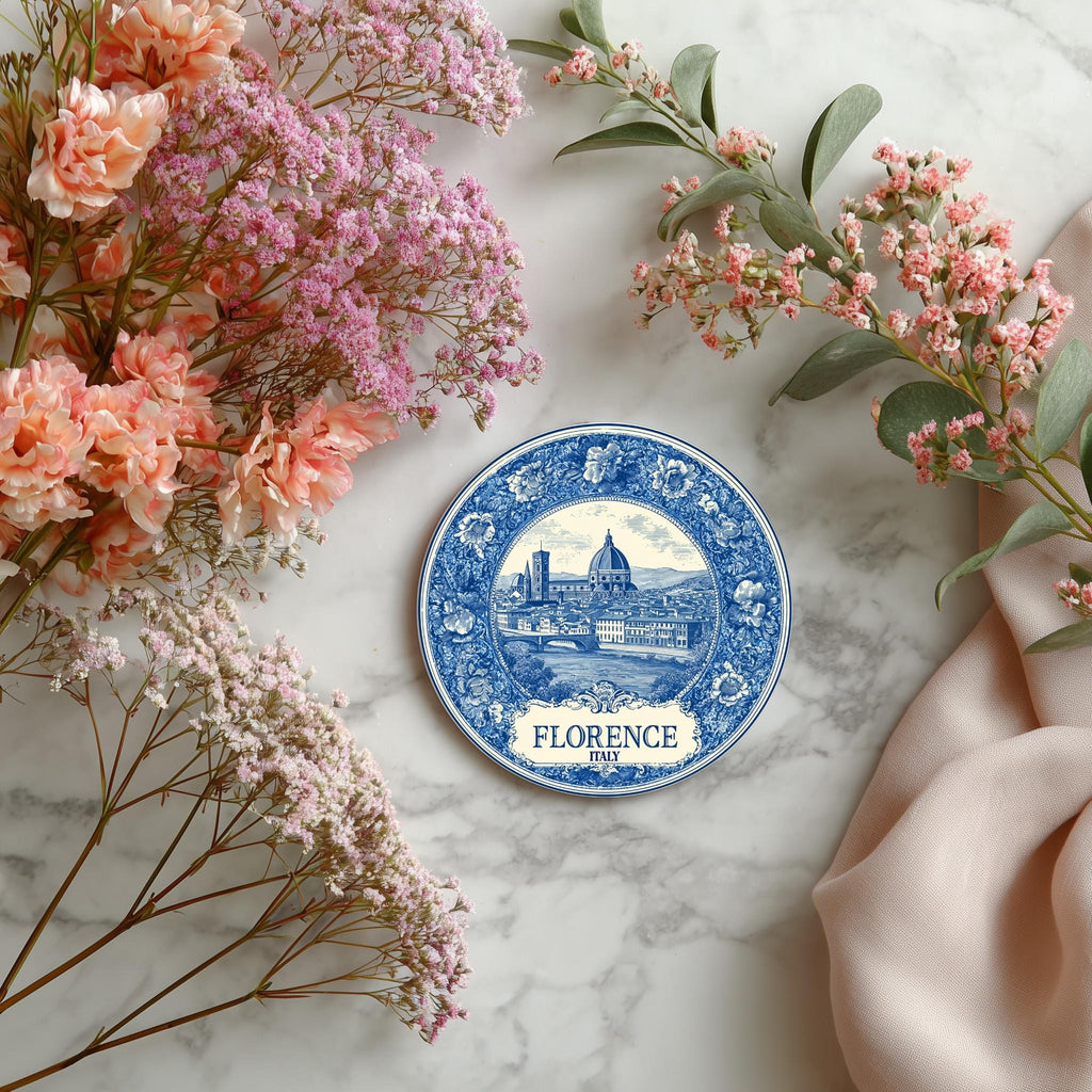 Florence Italy Delftware Ceramic Coaster, Blue White Travel Gift, Vintage Home Decor Collectible