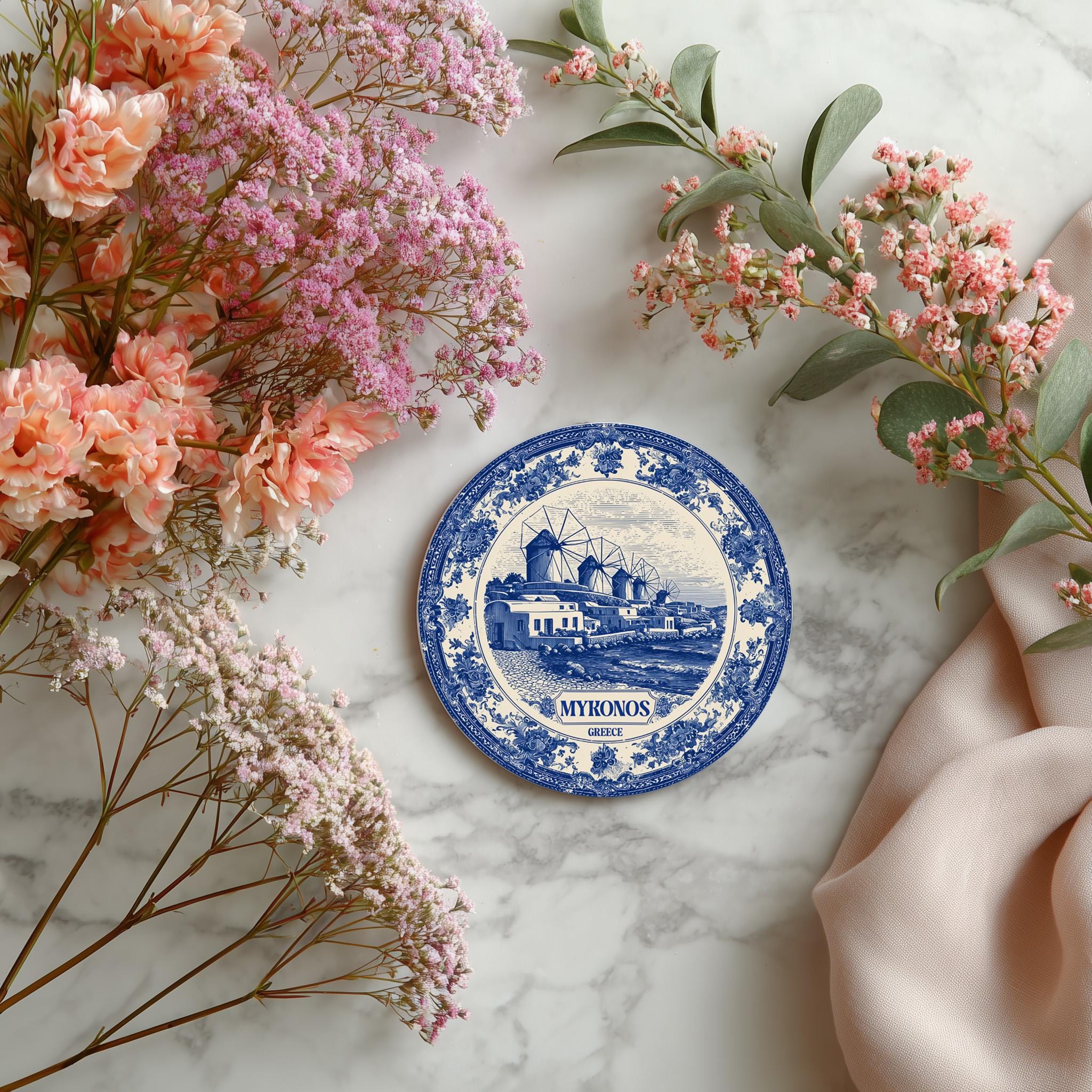 Mykonos Greece Delftware Ceramic Coaster, Blue White Travel Gift, Vintage Home Decor Collectible