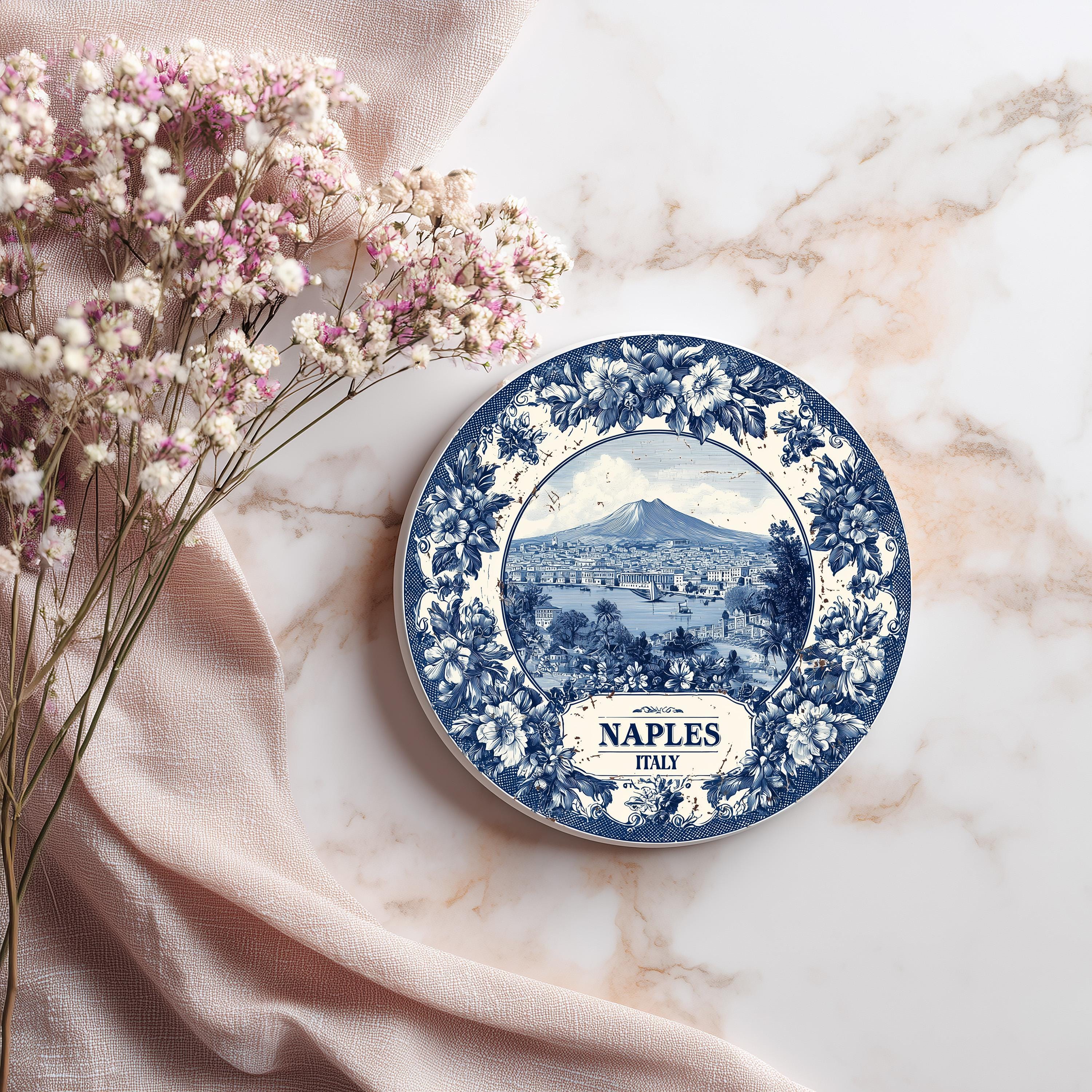 Naples Italy Delftware Ceramic Coaster, Blue White Travel Gift, Vintage Home Decor Collectible