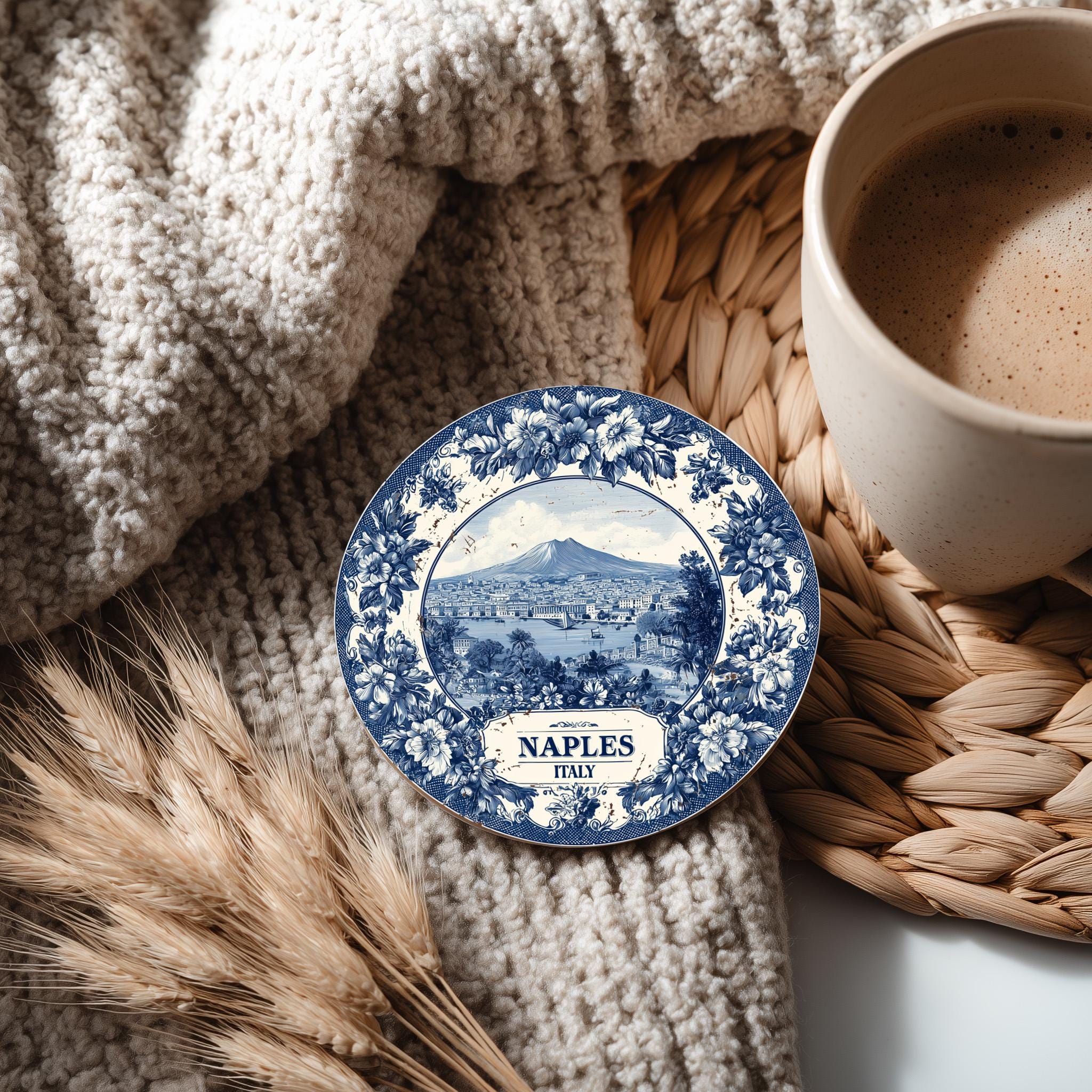 Naples Italy Delftware Ceramic Coaster, Blue White Travel Gift, Vintage Home Decor Collectible