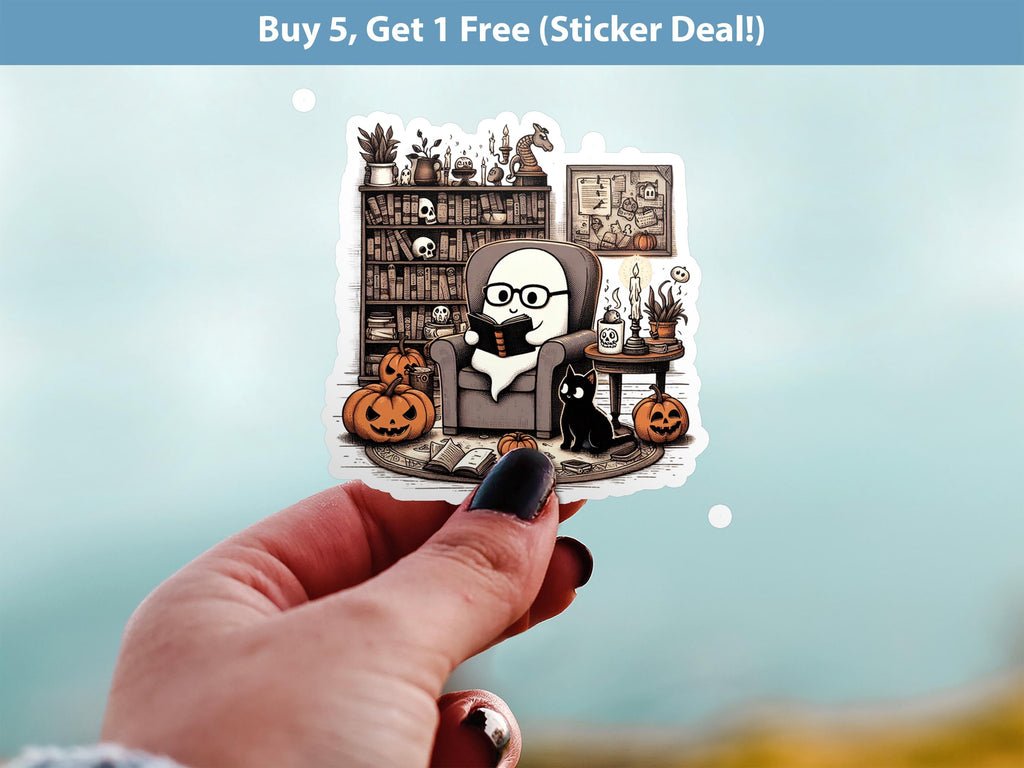 Reading Ghost Sticker, Cute Halloween Spooky Vinyl Decal, Book lover Fall gift