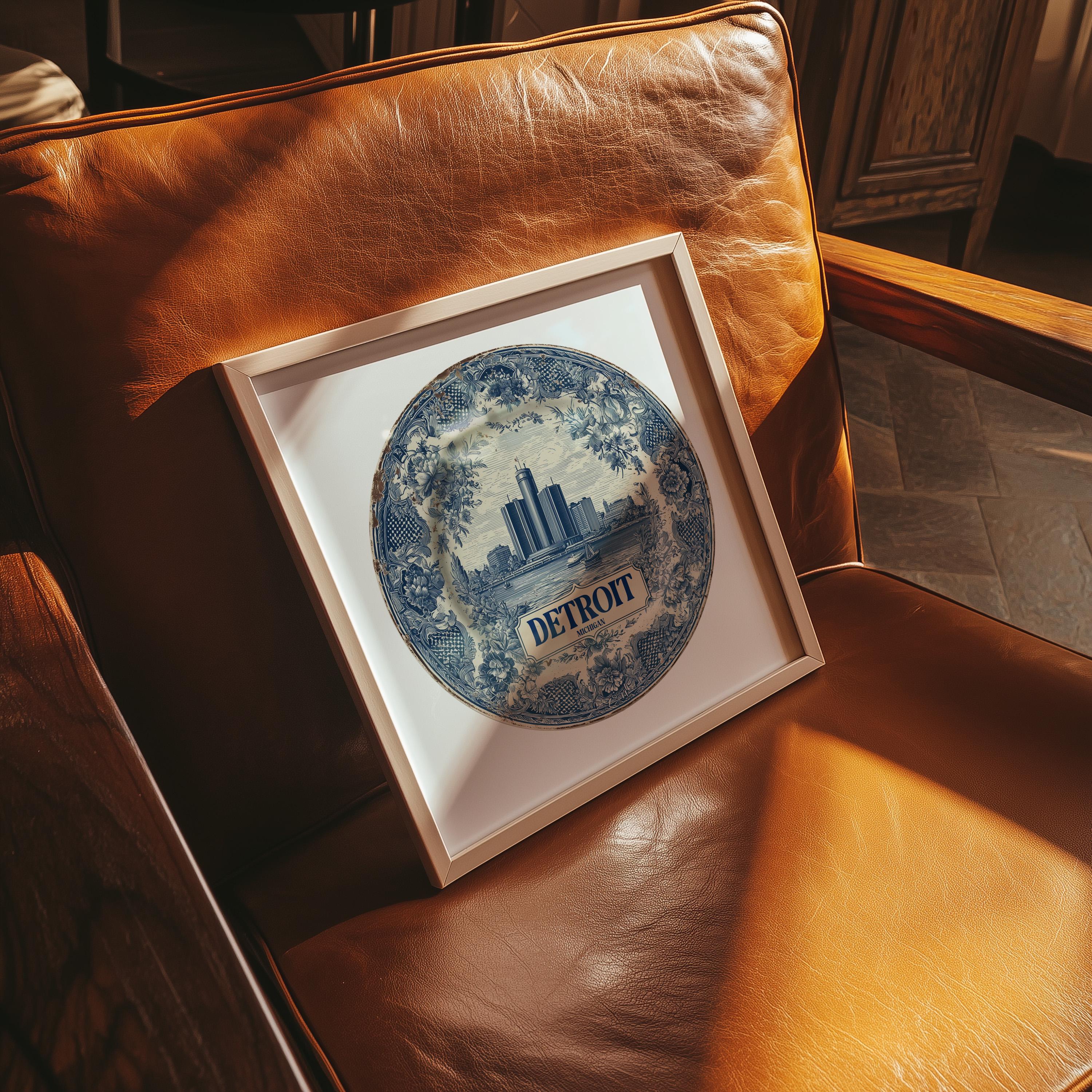 Detroit Michigan Wall Art, Vintage Delft Blue Poster, City Print, Travel Home Decor