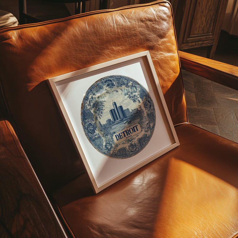 Detroit Michigan Wall Art, Vintage Delft Blue Poster, City Print, Travel Home Decor