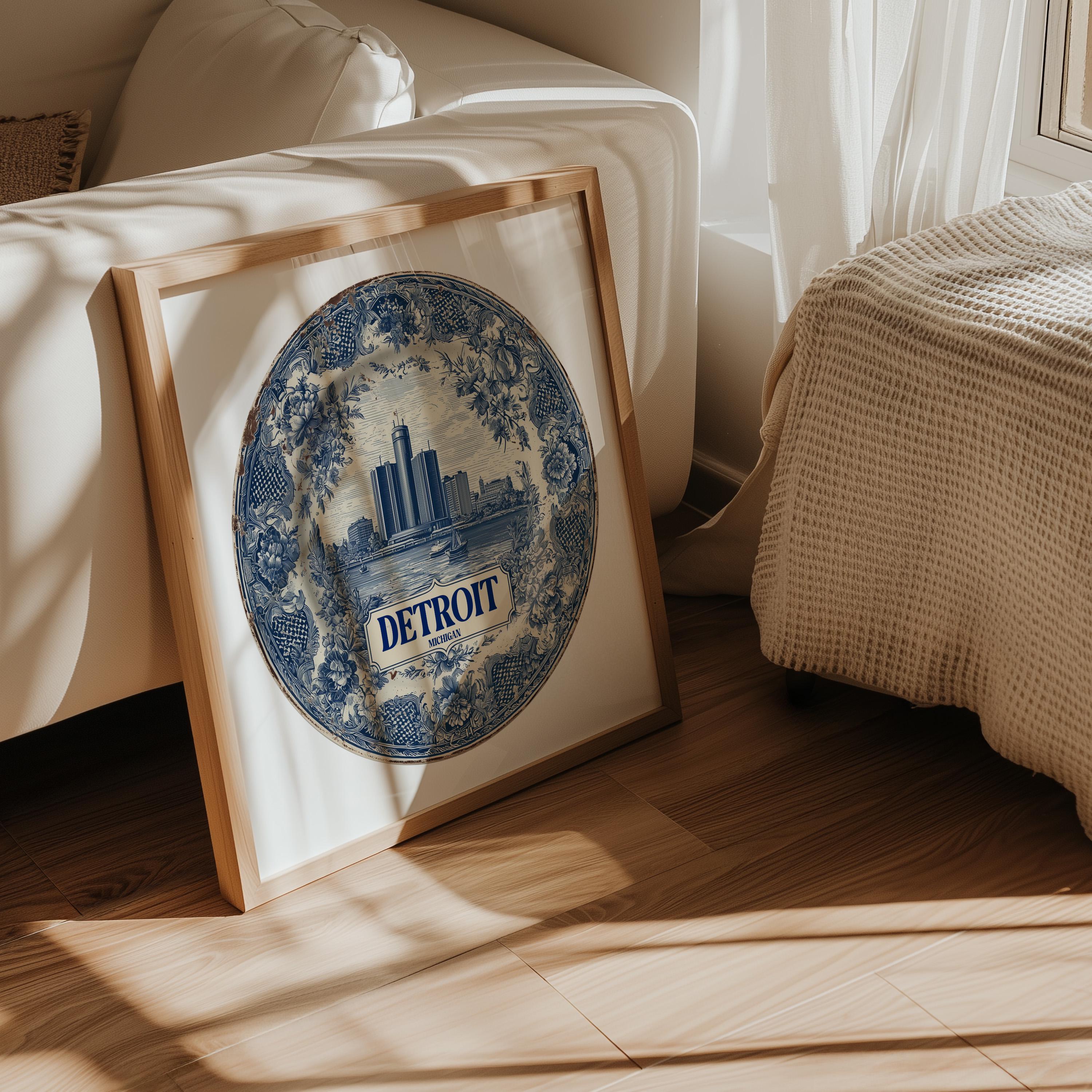 Detroit Michigan Wall Art, Vintage Delft Blue Poster, City Print, Travel Home Decor