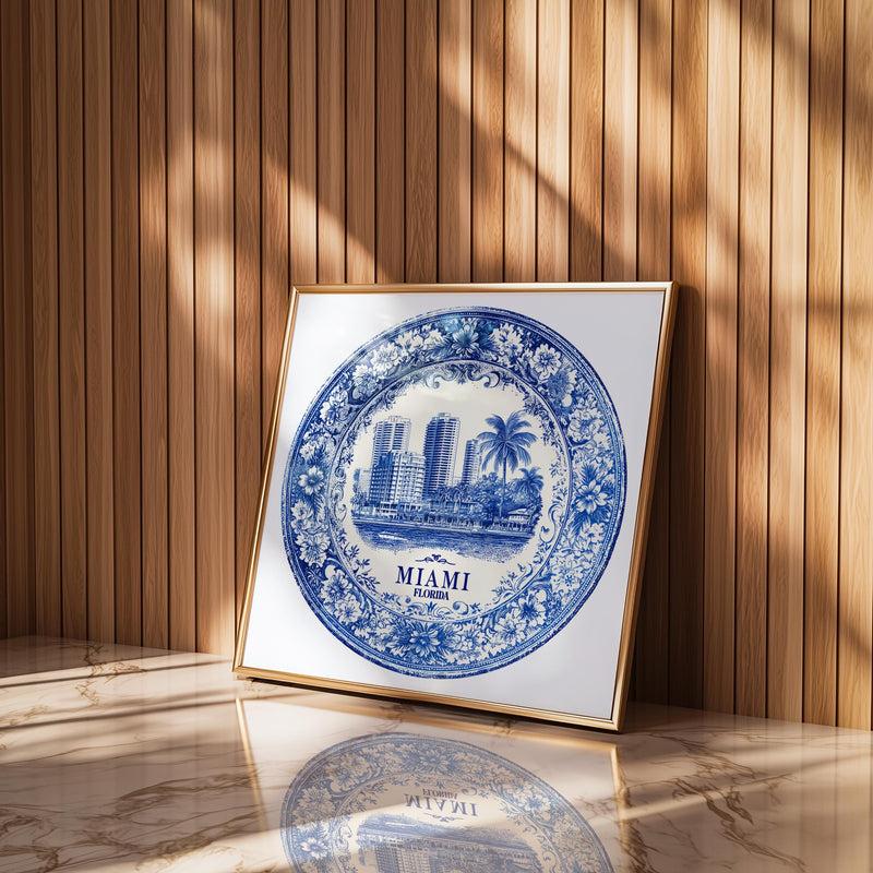 Miami Florida Wall Art, Vintage Delft Blue Poster, City Print, Travel Home Decor