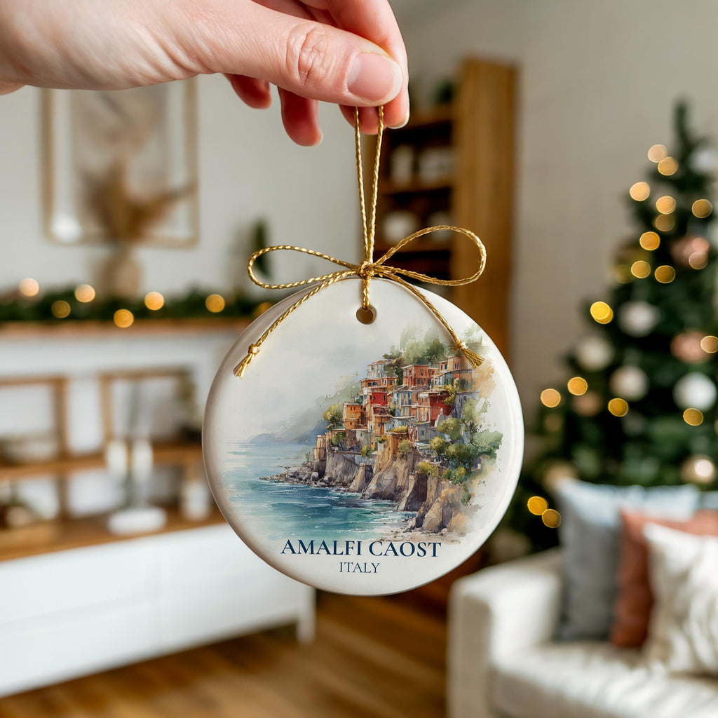 Amalfi Coast Ornament, Italy Personalized Watercolor, Custom Ceramic Christmas gift, Travel Keepsake