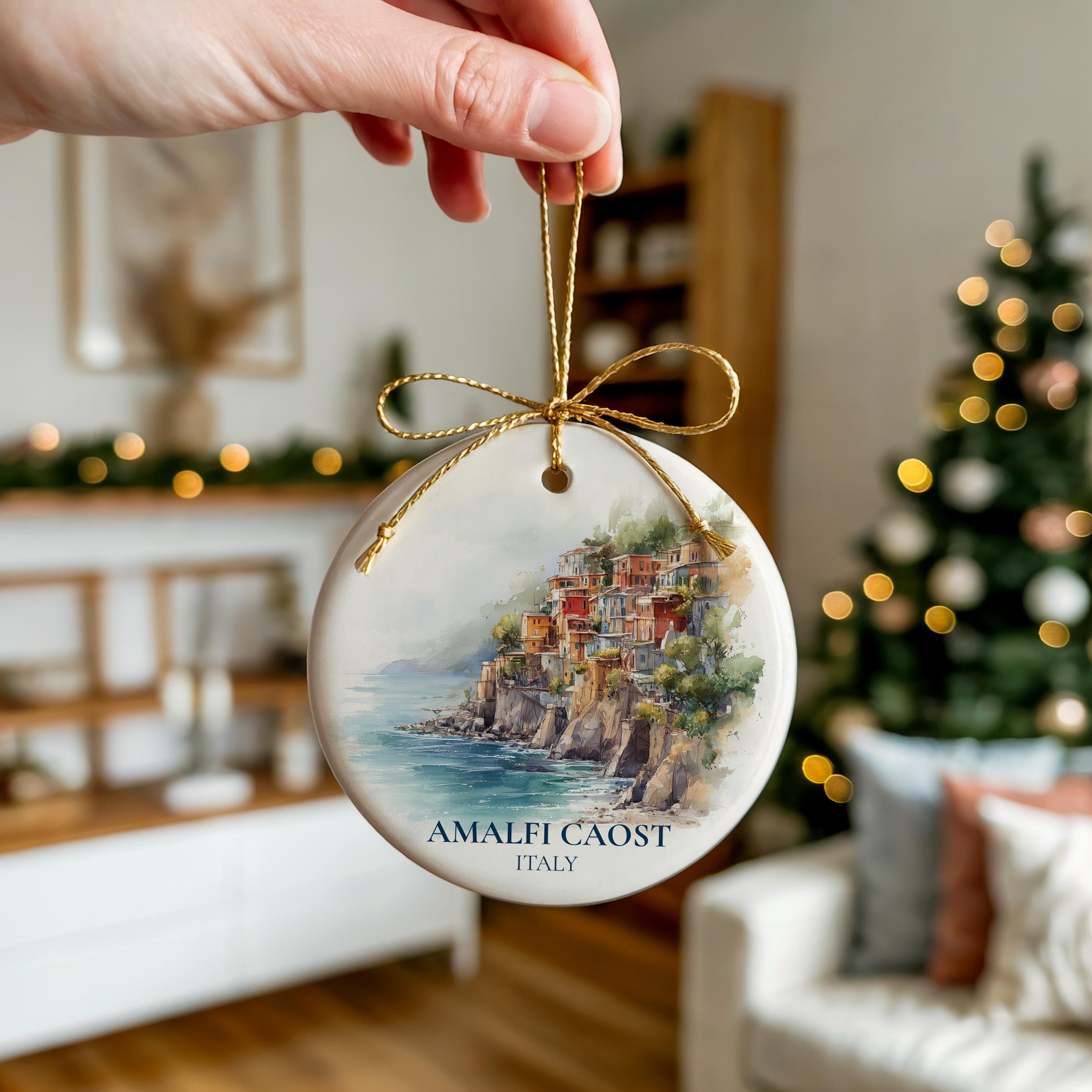 Amalfi Coast Ornament, Italy Personalized Watercolor, Custom Ceramic Christmas gift, Travel Keepsake