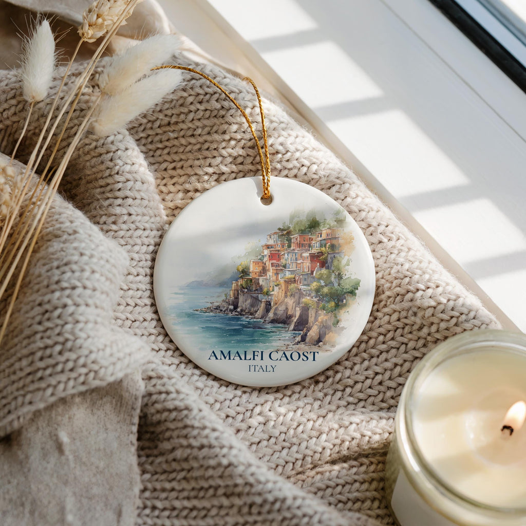 Amalfi Coast Ornament, Italy Personalized Watercolor, Custom Ceramic Christmas gift, Travel Keepsake