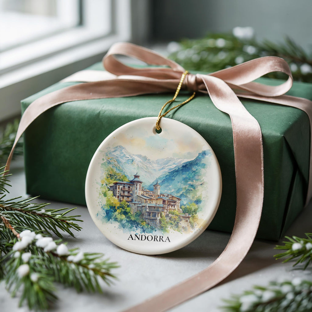 Andorra la Vella Andorra Personalized Watercolor Ornament, Custom Ceramic Christmas gift, Travel Keepsake