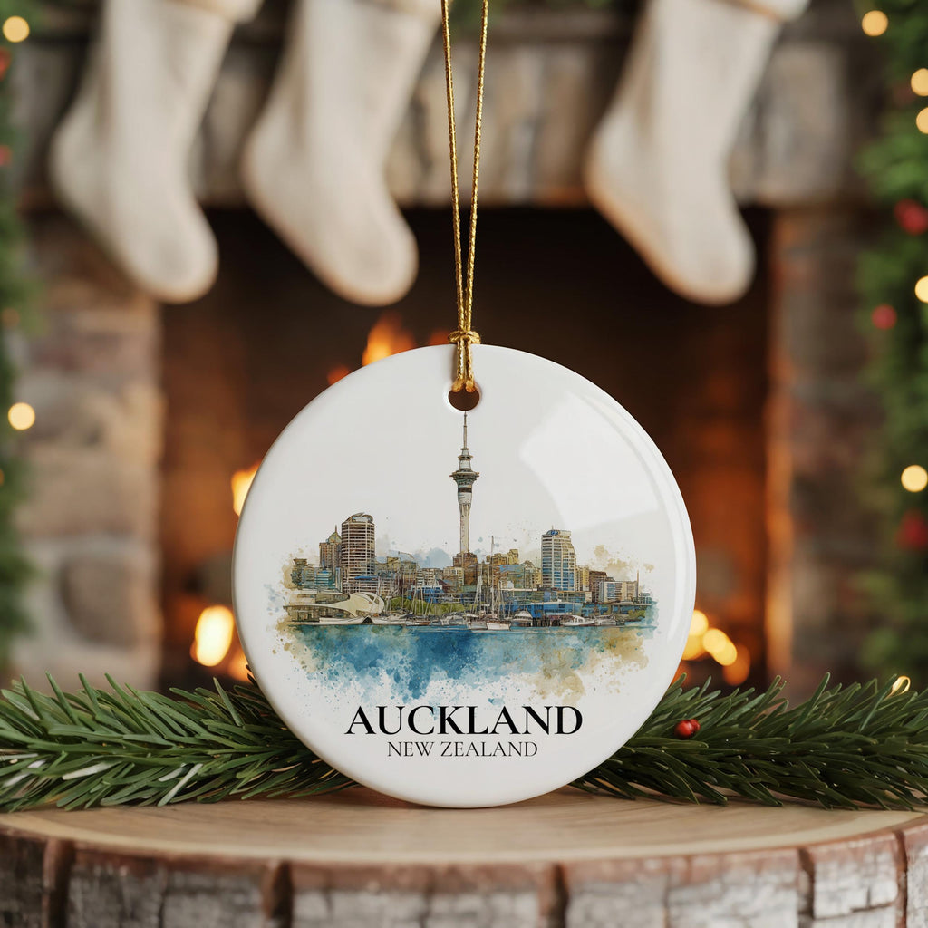 Auckland New Zealand Personalized Watercolor Ornament, Custom Ceramic Christmas gift, Travel Keepsake