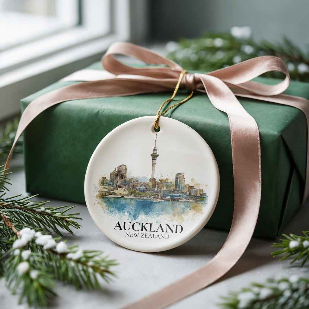 Auckland New Zealand Personalized Watercolor Ornament, Custom Ceramic Christmas gift, Travel Keepsake
