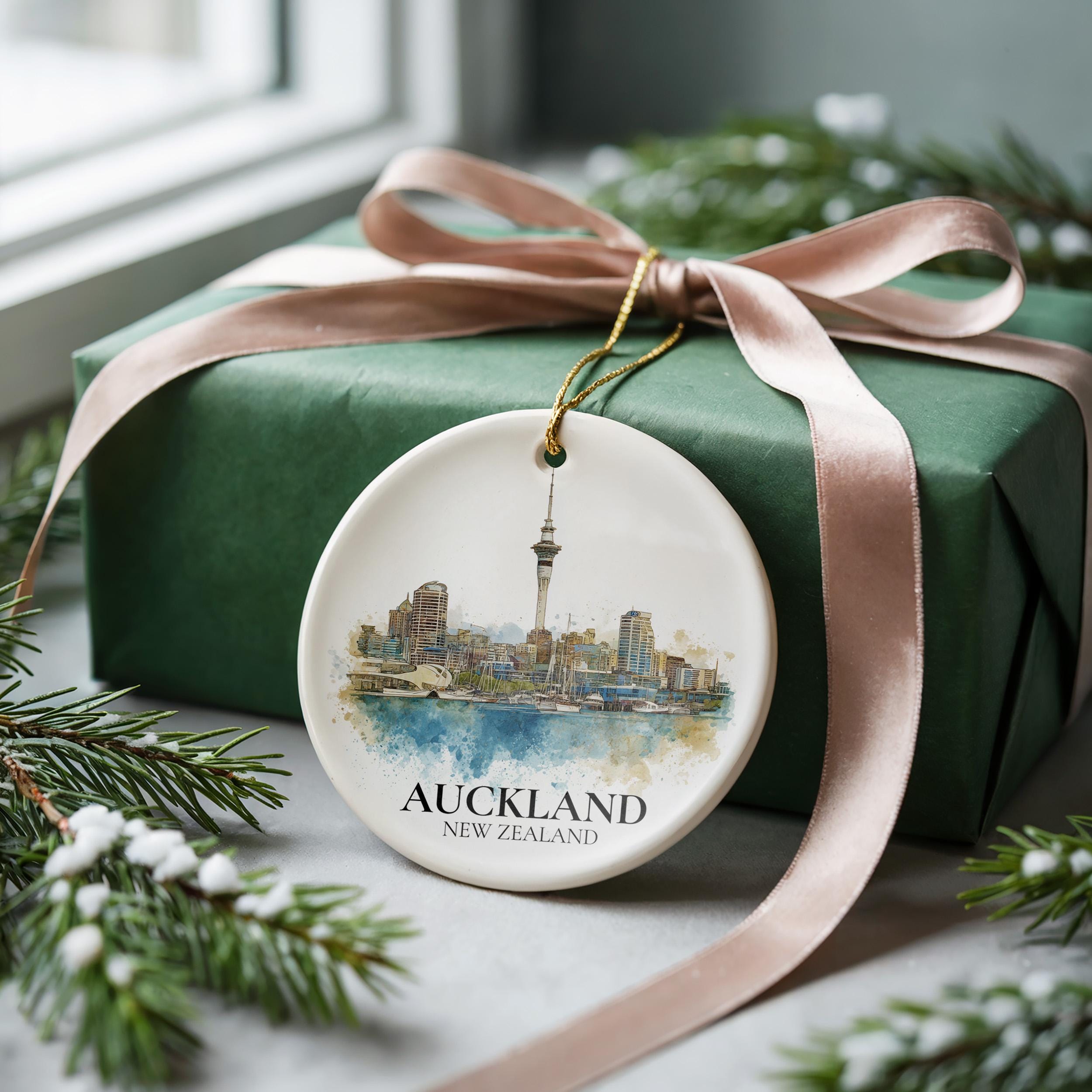 Auckland New Zealand Personalized Watercolor Ornament, Custom Ceramic Christmas gift, Travel Keepsake