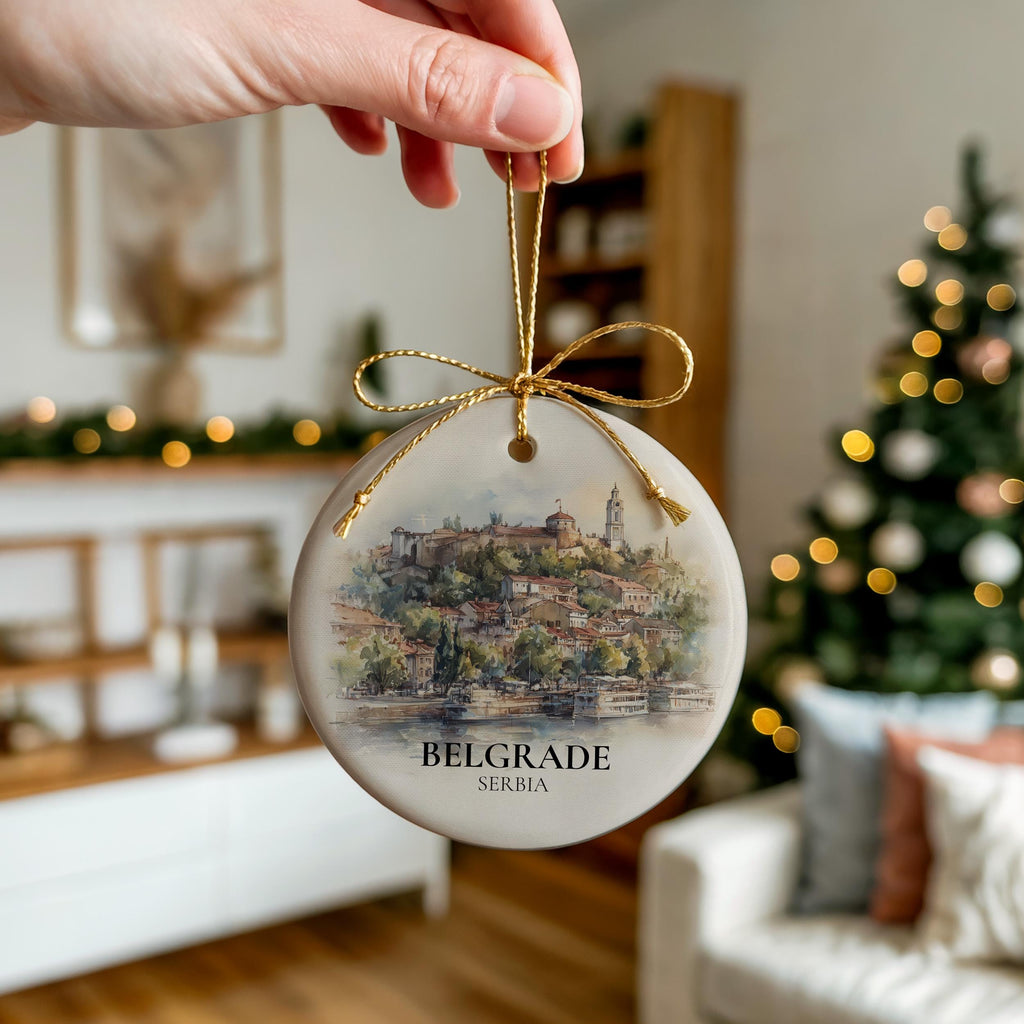 Belgrade Serbia Personalized Watercolor Ornament, Custom Ceramic Christmas gift, Travel Keepsake