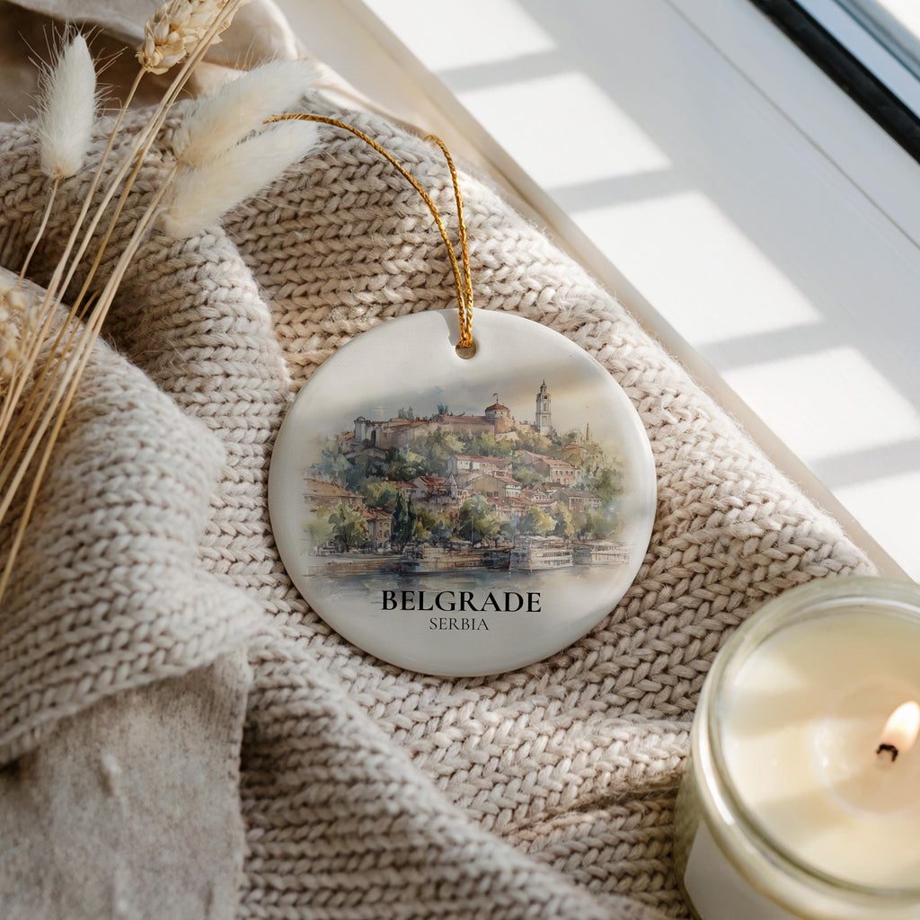 Belgrade Serbia Personalized Watercolor Ornament, Custom Ceramic Christmas gift, Travel Keepsake