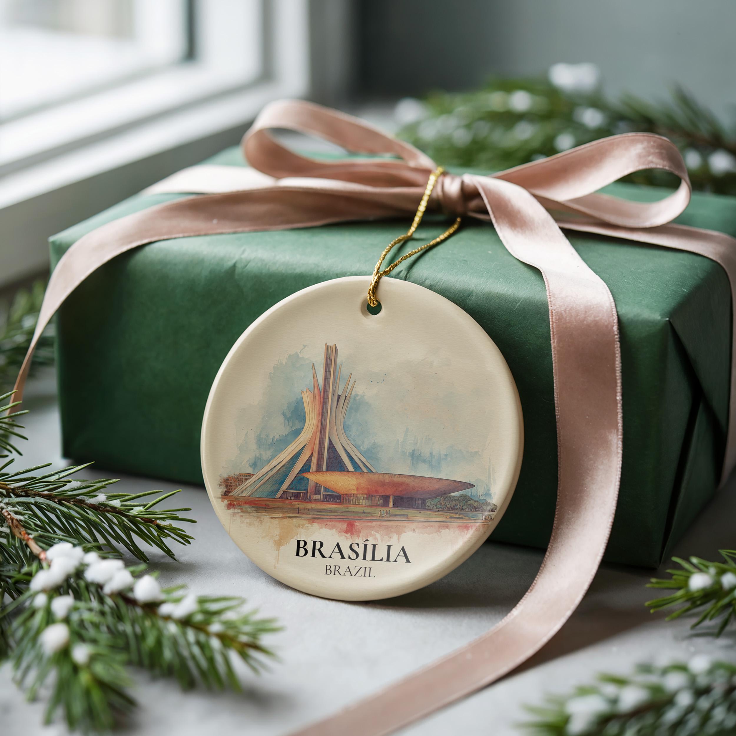 Brasilia Brazil Personalized Watercolor Ornament, Custom Ceramic Christmas gift, Travel Keepsake