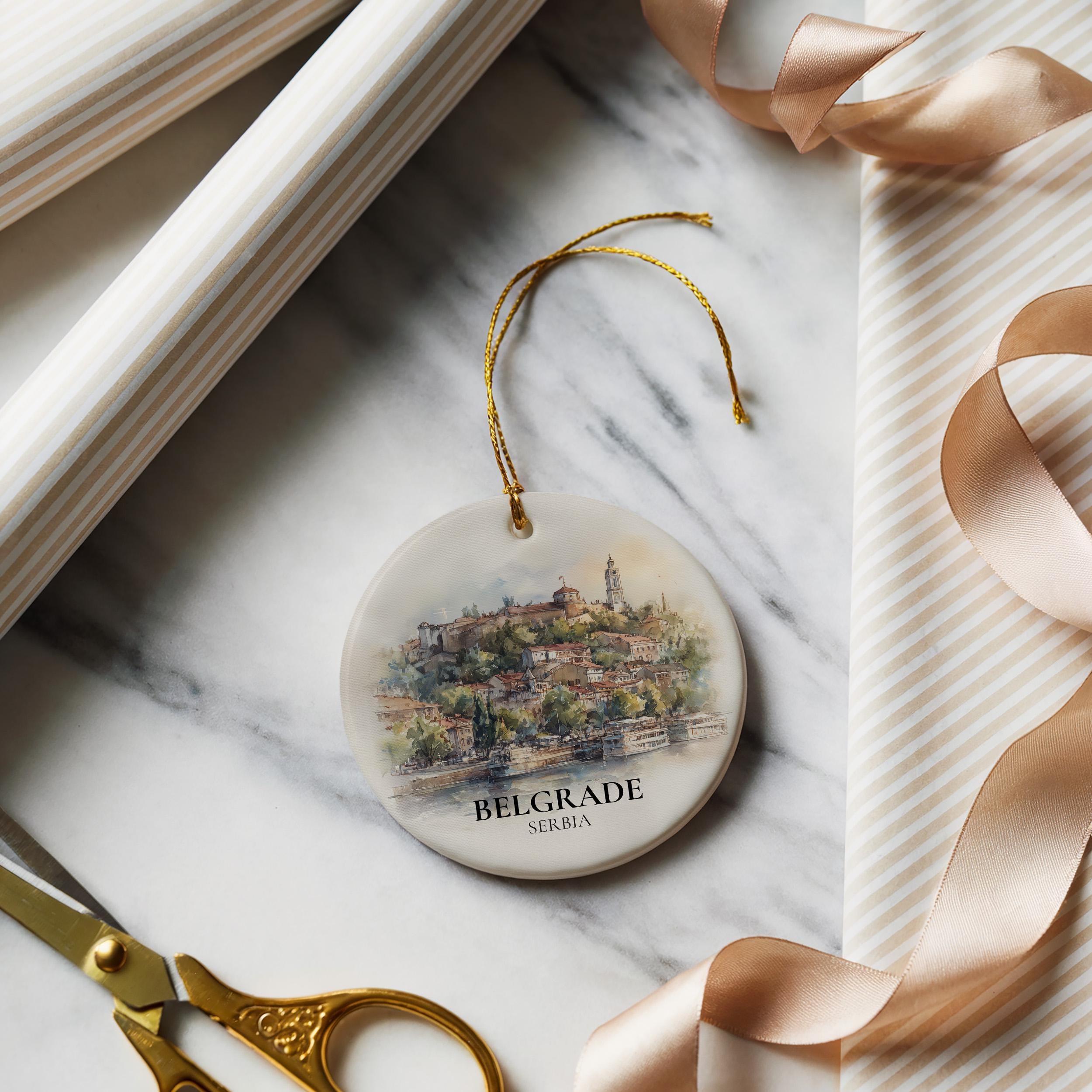 Belgrade Serbia Personalized Watercolor Ornament, Custom Ceramic Christmas gift, Travel Keepsake
