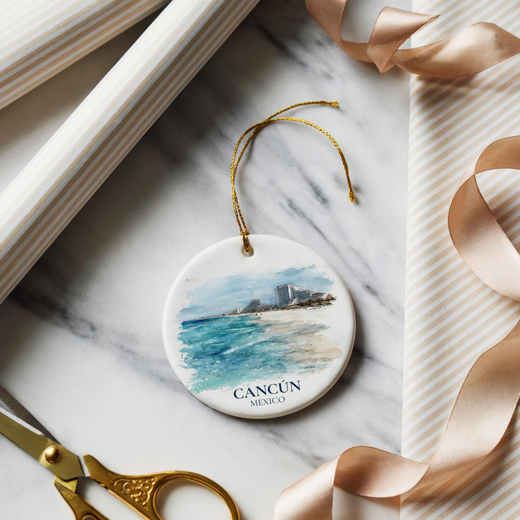 Cancun Mexico Personalized Watercolor Ornament, Custom Ceramic Christmas gift, Travel Keepsake
