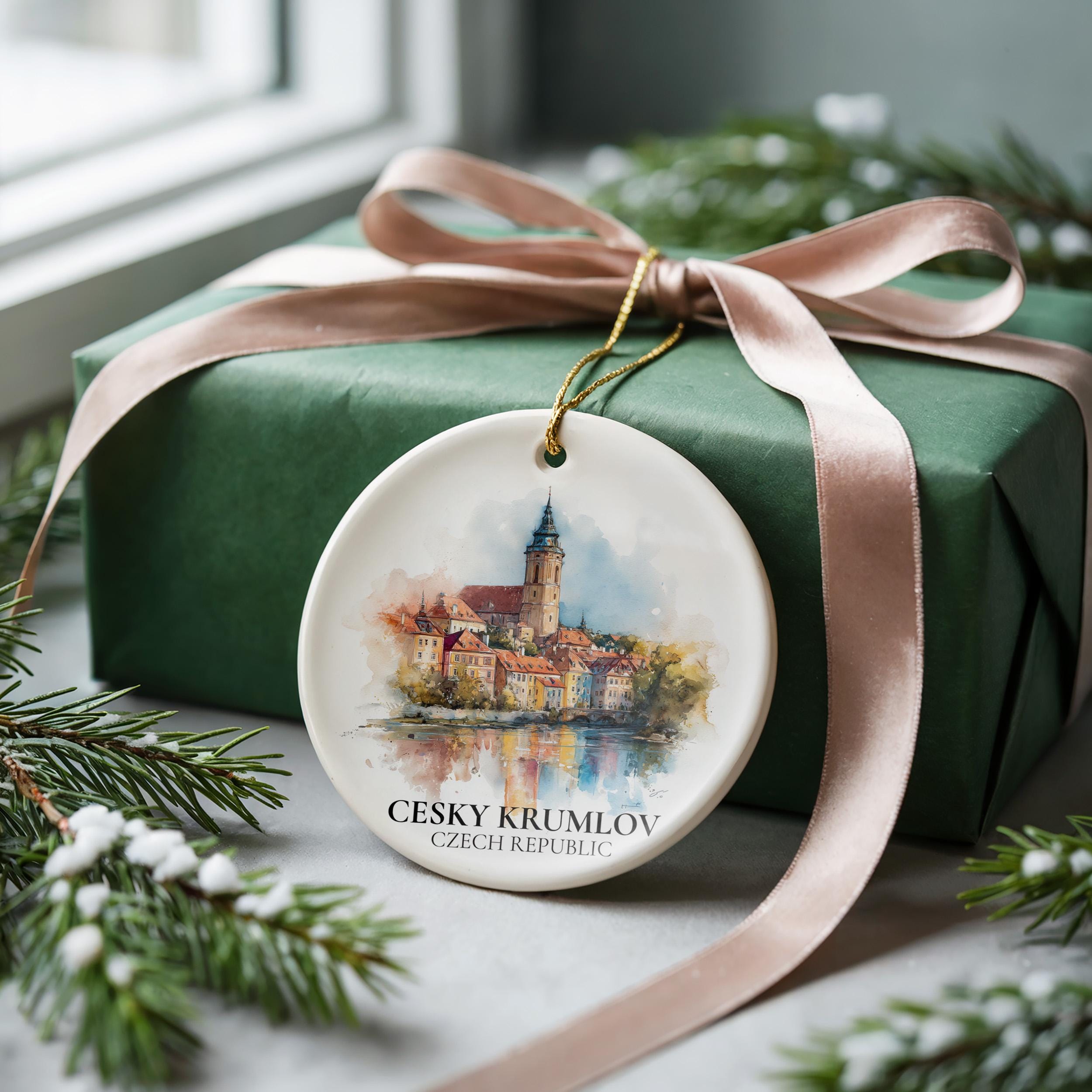 Cesky Krumlov Czech Republic Personalized Watercolor Ornament, Custom Ceramic Christmas gift, Travel Keepsake