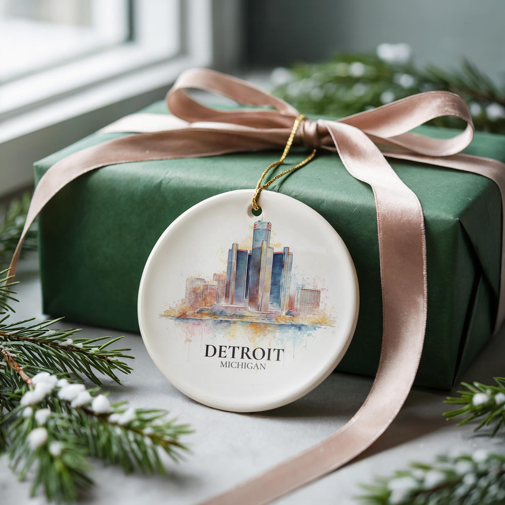 Detroit Michigan Personalized Watercolor Ornament, Custom Ceramic Christmas gift, Travel Keepsake