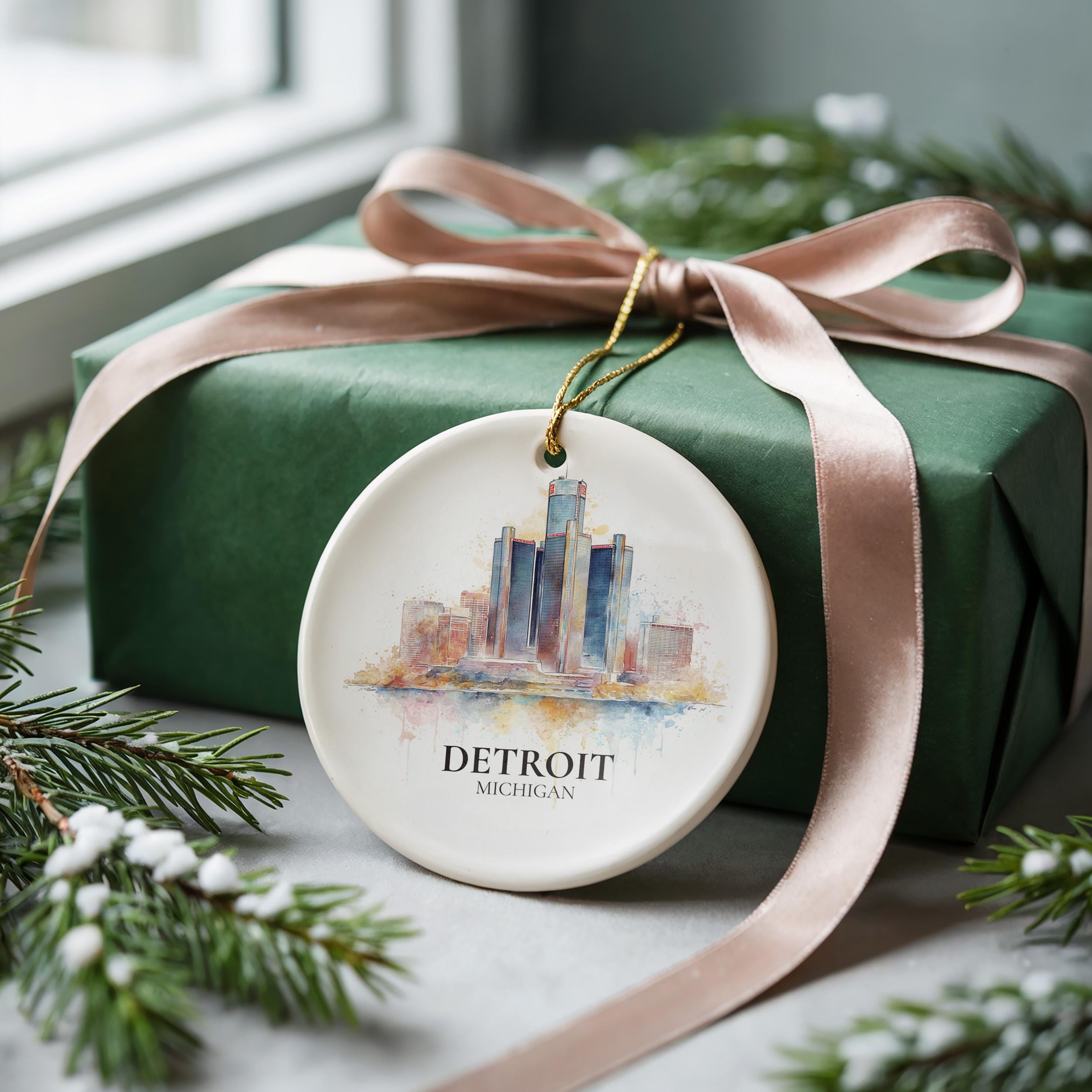 Detroit Michigan Personalized Watercolor Ornament, Custom Ceramic Christmas gift, Travel Keepsake