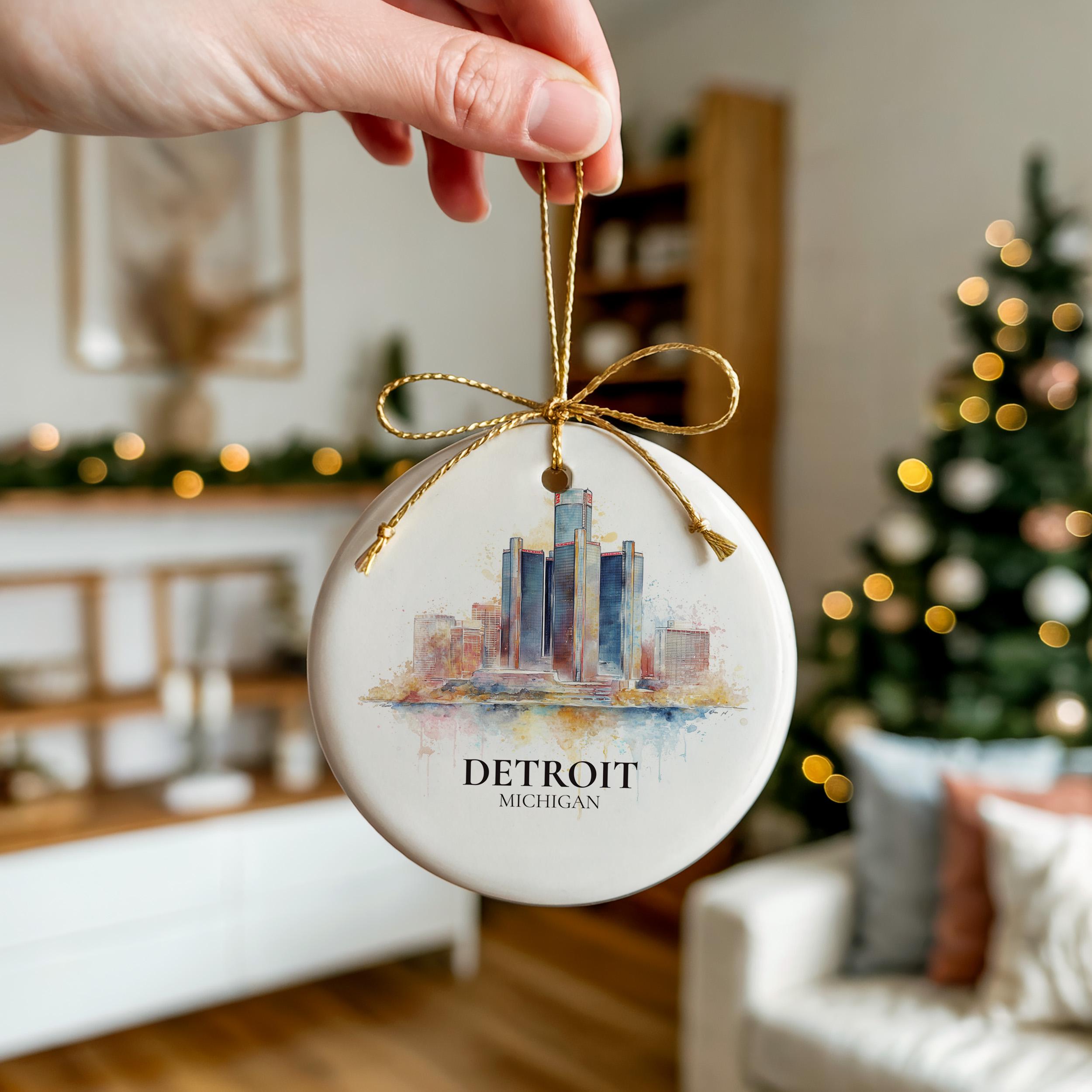Detroit Michigan Personalized Watercolor Ornament, Custom Ceramic Christmas gift, Travel Keepsake