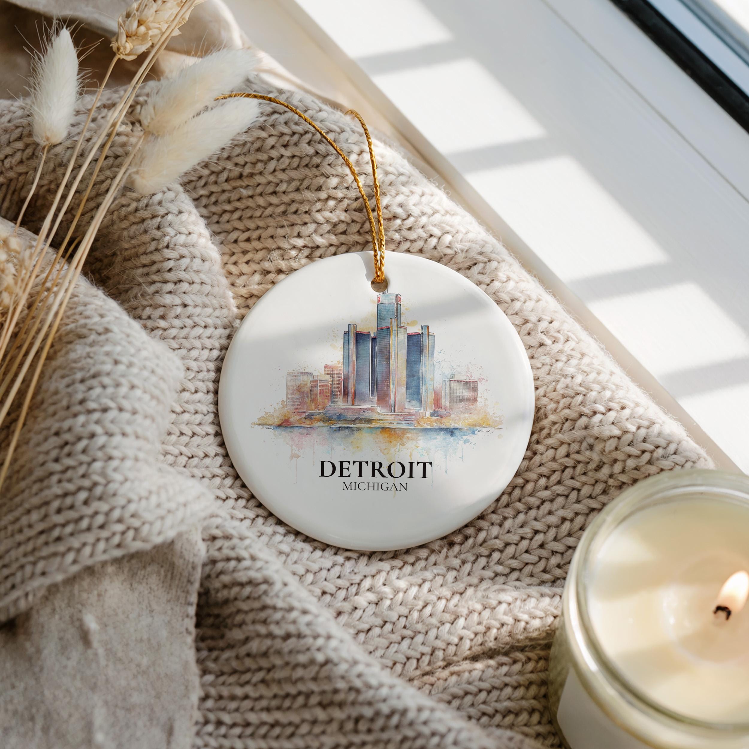 Detroit Michigan Personalized Watercolor Ornament, Custom Ceramic Christmas gift, Travel Keepsake