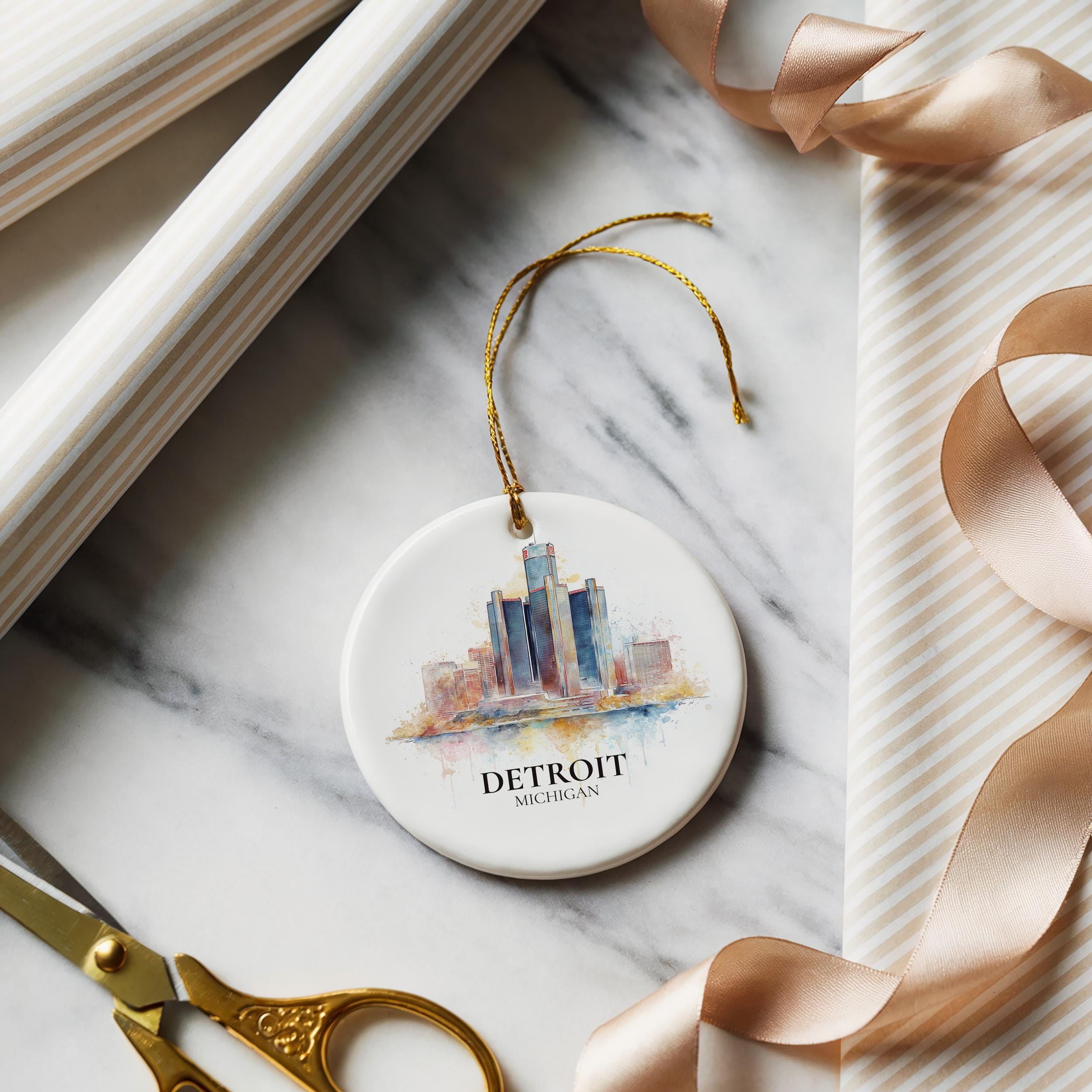 Detroit Michigan Personalized Watercolor Ornament, Custom Ceramic Christmas gift, Travel Keepsake