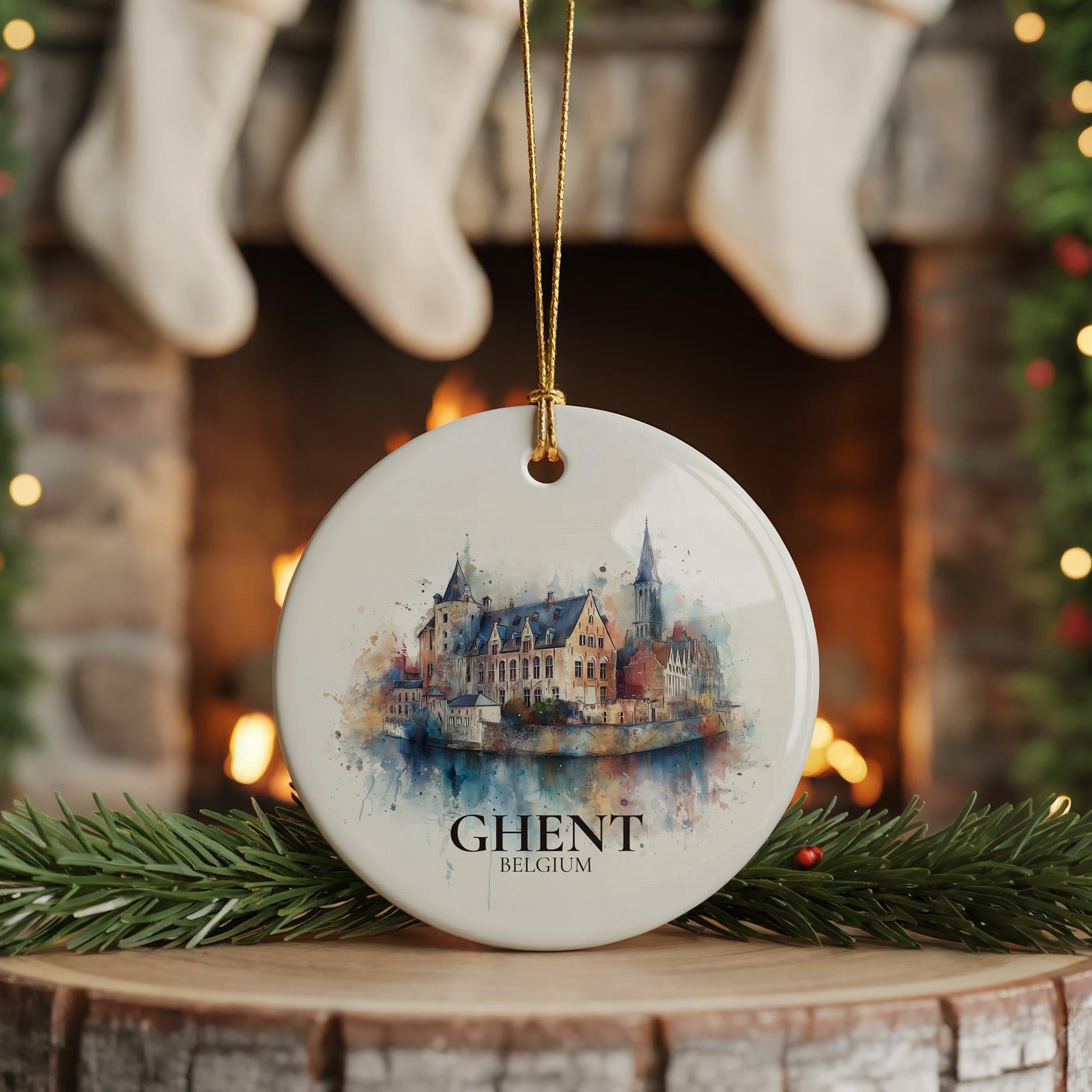 Ghent Belgium Personalized Watercolor Ornament, Custom Ceramic Christmas gift, Travel Keepsake