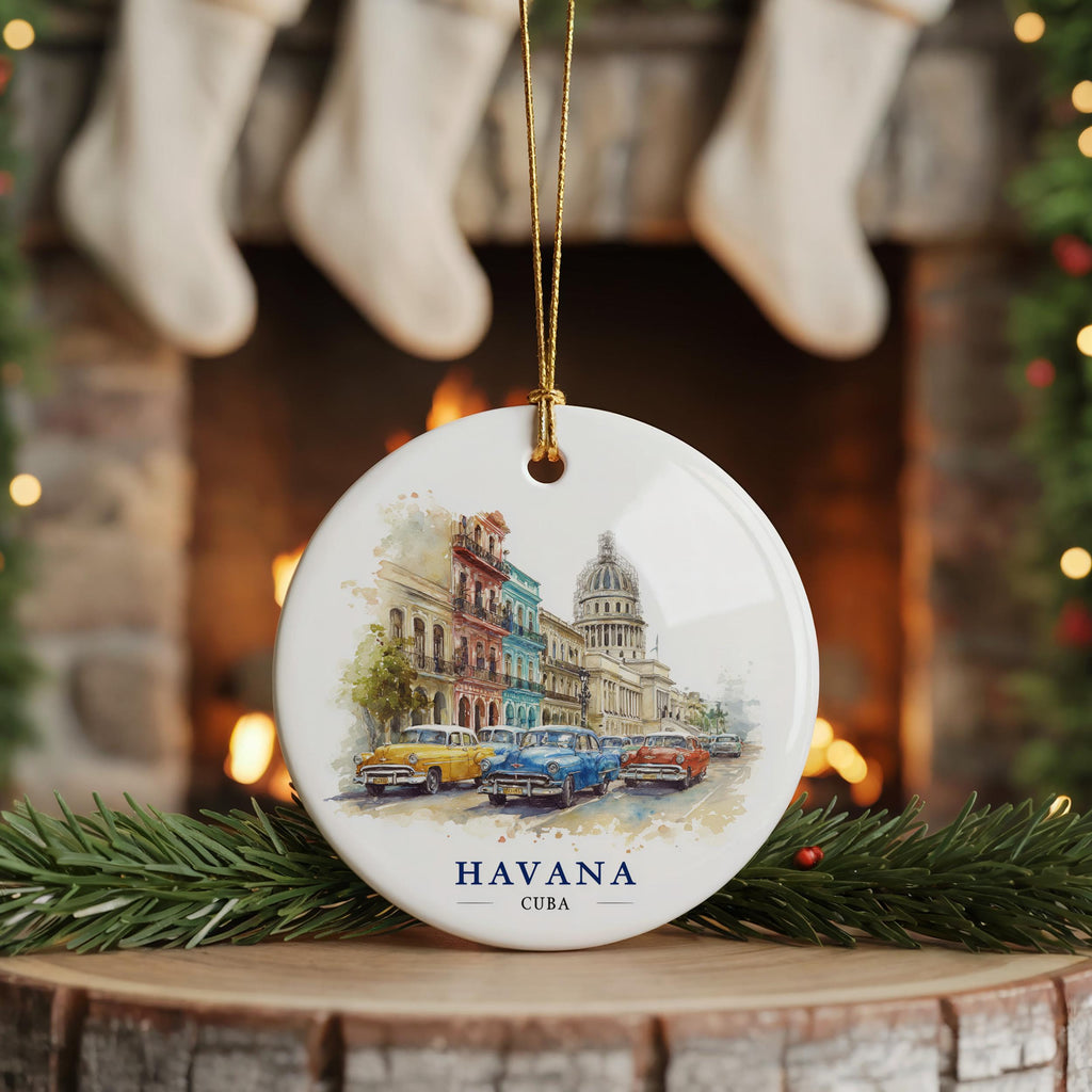 Havana Cuba Personalized Watercolor Ornament, Custom Ceramic Christmas gift, Travel Keepsake