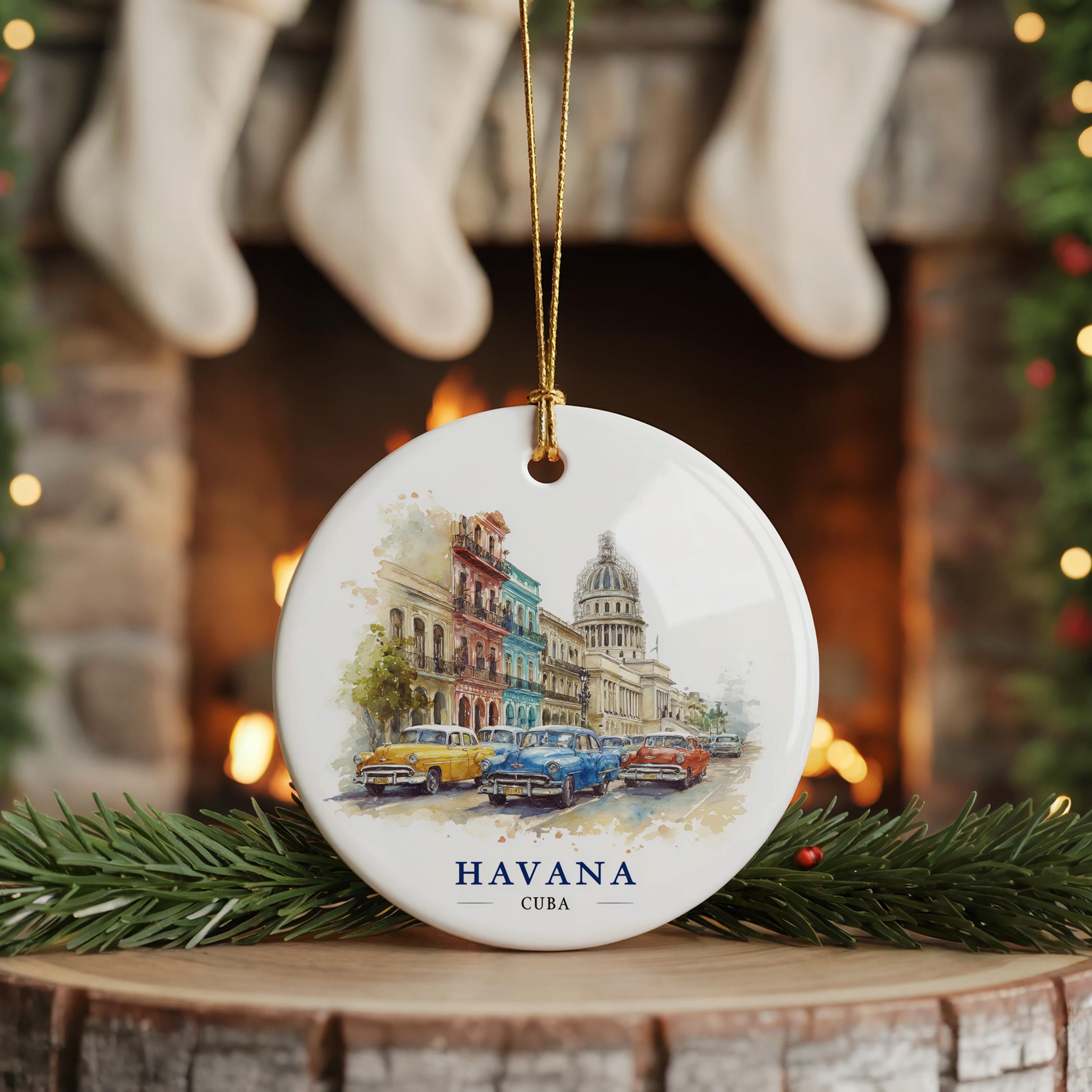 Havana Cuba Personalized Watercolor Ornament, Custom Ceramic Christmas gift, Travel Keepsake
