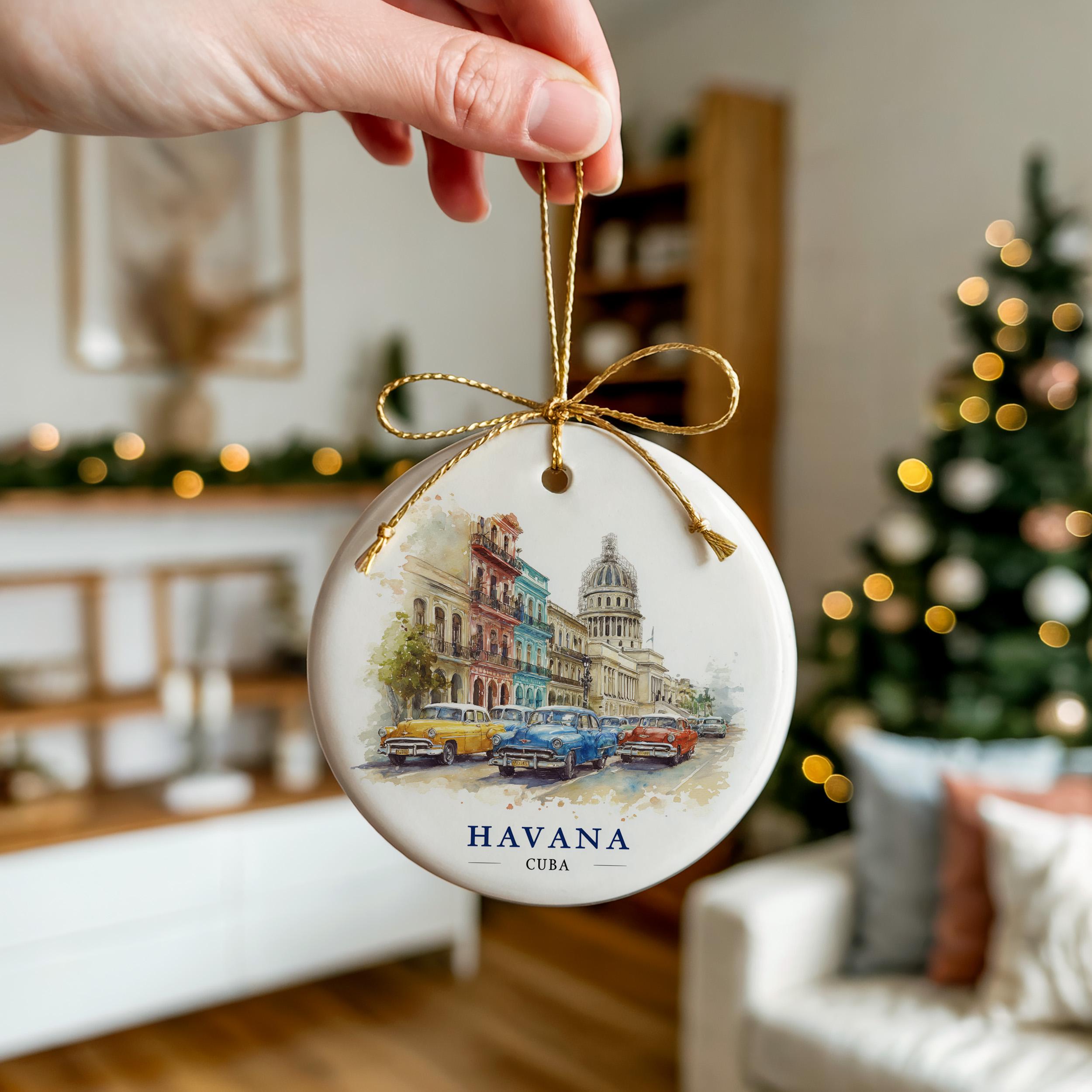 Havana Cuba Personalized Watercolor Ornament, Custom Ceramic Christmas gift, Travel Keepsake