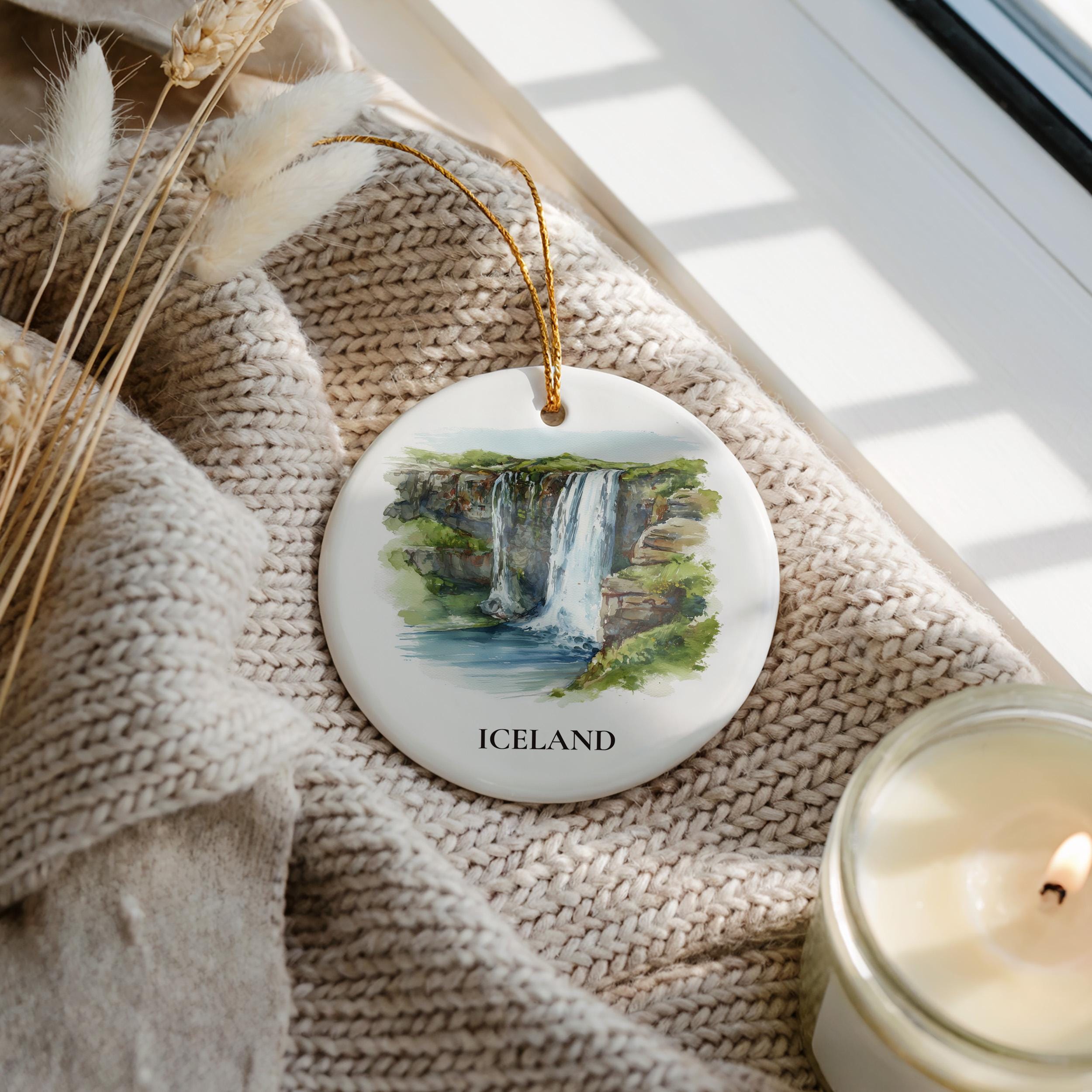 Iceland Waterfalls Personalized Watercolor Ornament, Custom Ceramic Christmas gift, Travel Keepsake