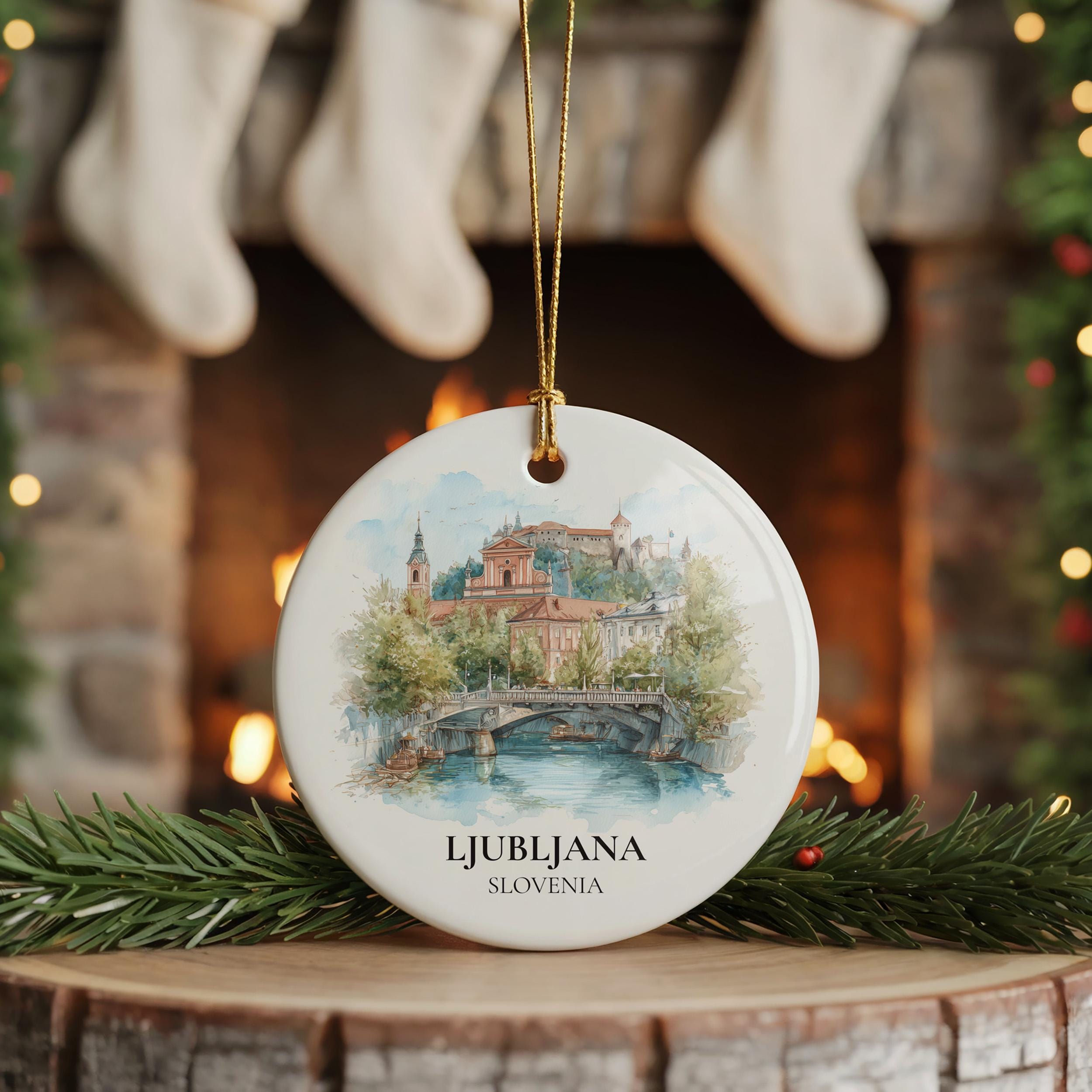 Ljubljana Slovenia Personalized Watercolor Ornament, Custom Ceramic Christmas gift, Travel Keepsake