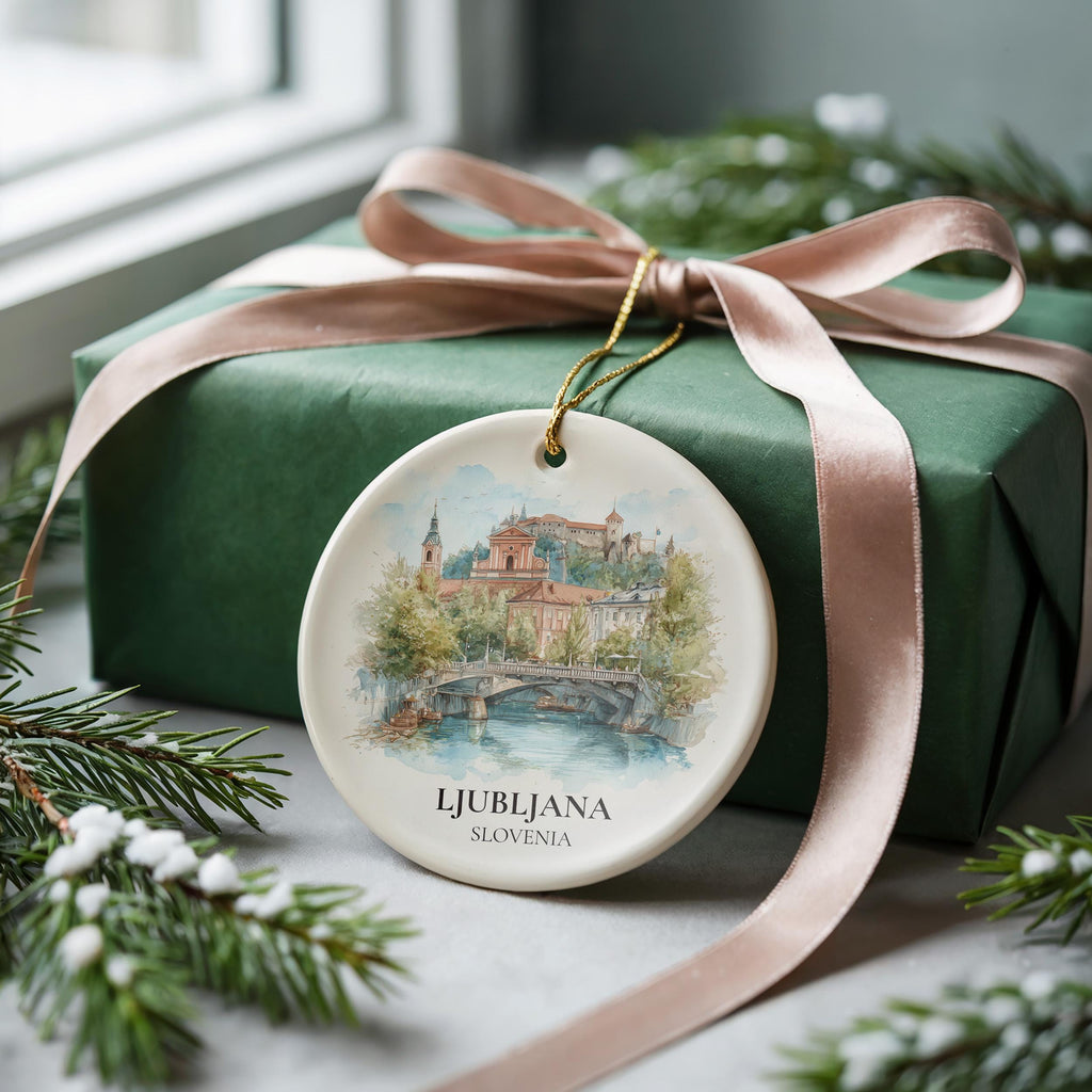 Ljubljana Slovenia Personalized Watercolor Ornament, Custom Ceramic Christmas gift, Travel Keepsake
