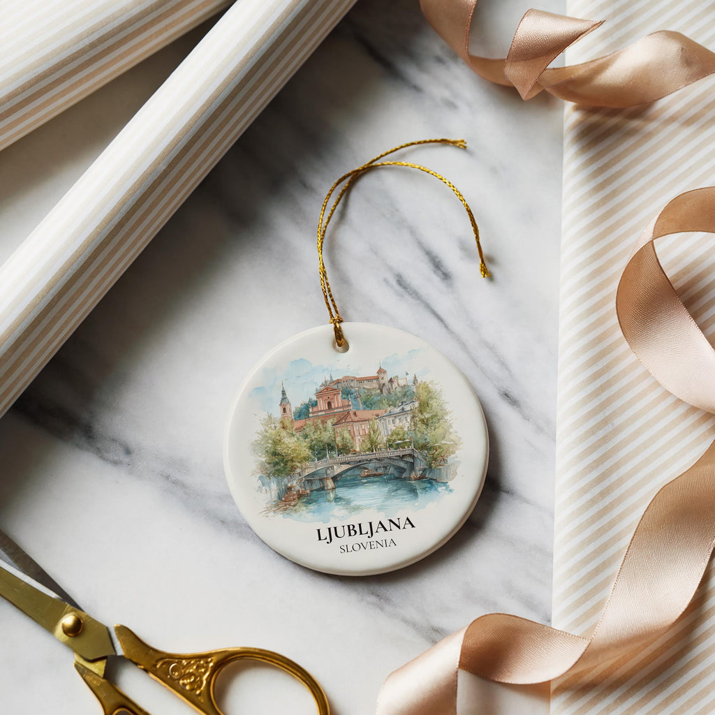Ljubljana Slovenia Personalized Watercolor Ornament, Custom Ceramic Christmas gift, Travel Keepsake