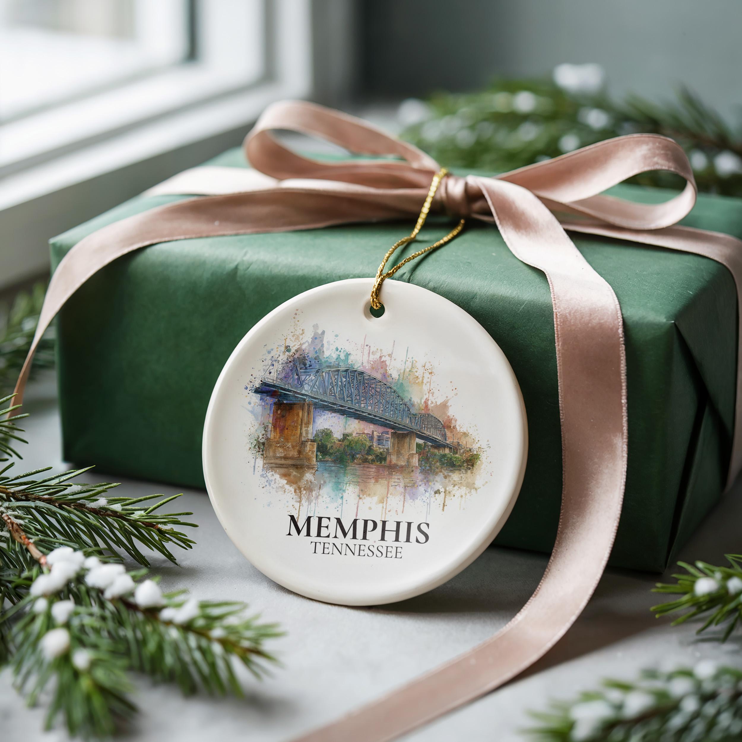 Memphis Tennessee Personalized Watercolor Ornament, Custom Ceramic Christmas gift, Travel Keepsake