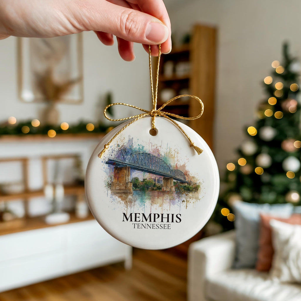 Memphis Tennessee Personalized Watercolor Ornament, Custom Ceramic Christmas gift, Travel Keepsake