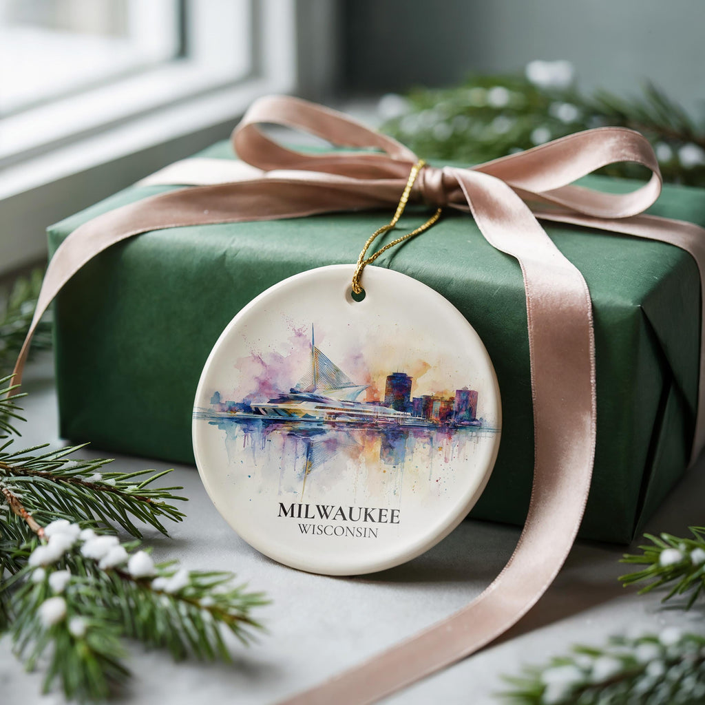 Milwaukee Wisconsin Personalized Watercolor Ornament, Custom Ceramic Christmas gift, Travel Keepsake