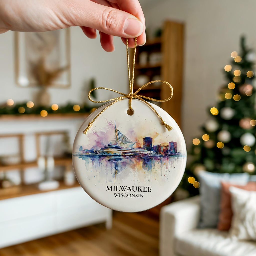 Milwaukee Wisconsin Personalized Watercolor Ornament, Custom Ceramic Christmas gift, Travel Keepsake