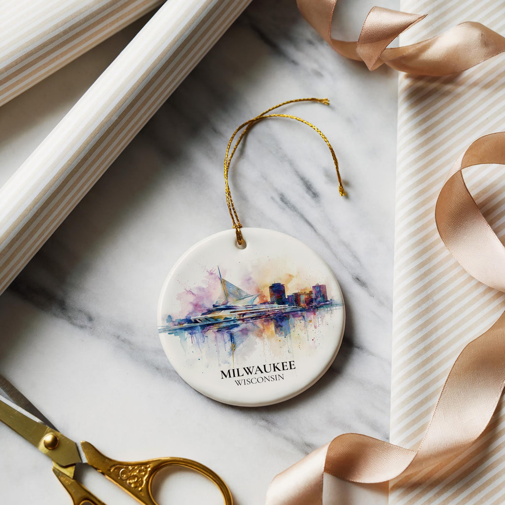 Milwaukee Wisconsin Personalized Watercolor Ornament, Custom Ceramic Christmas gift, Travel Keepsake
